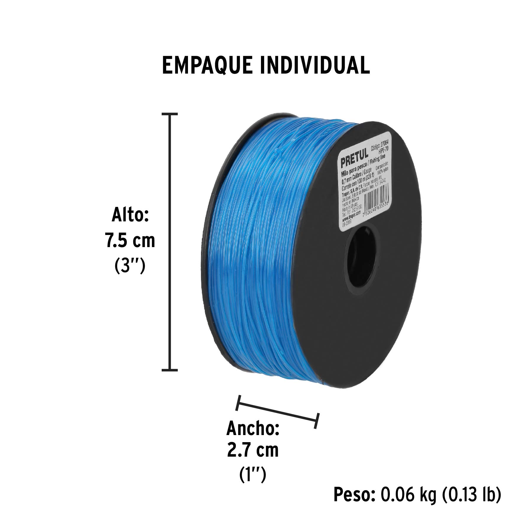 Carrete con 100 m de hilo para pesca azul calibre 0.70 mm - Empaque