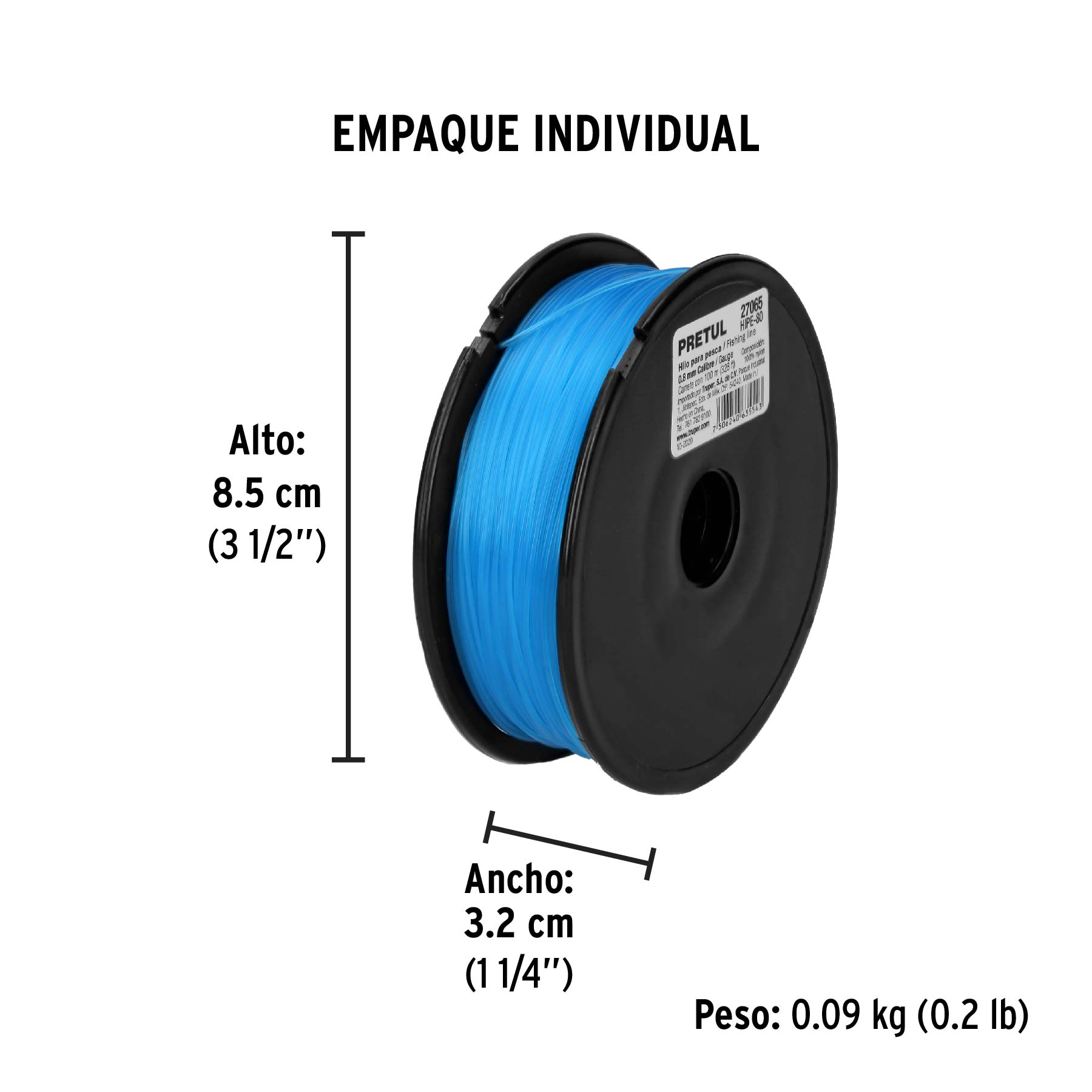 Carrete con 100 m de hilo para pesca azul calibre 0.80 mm - Empaque