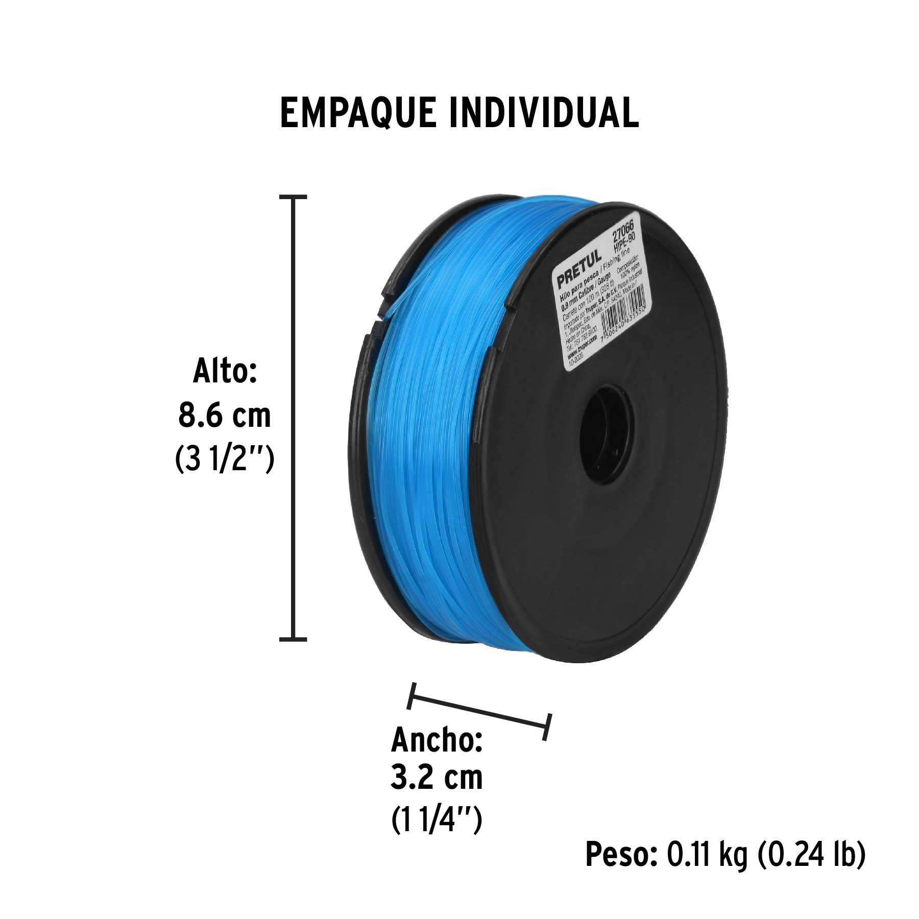 Carrete con 100 m de hilo para pesca azul calibre 0.90 mm - Empaque