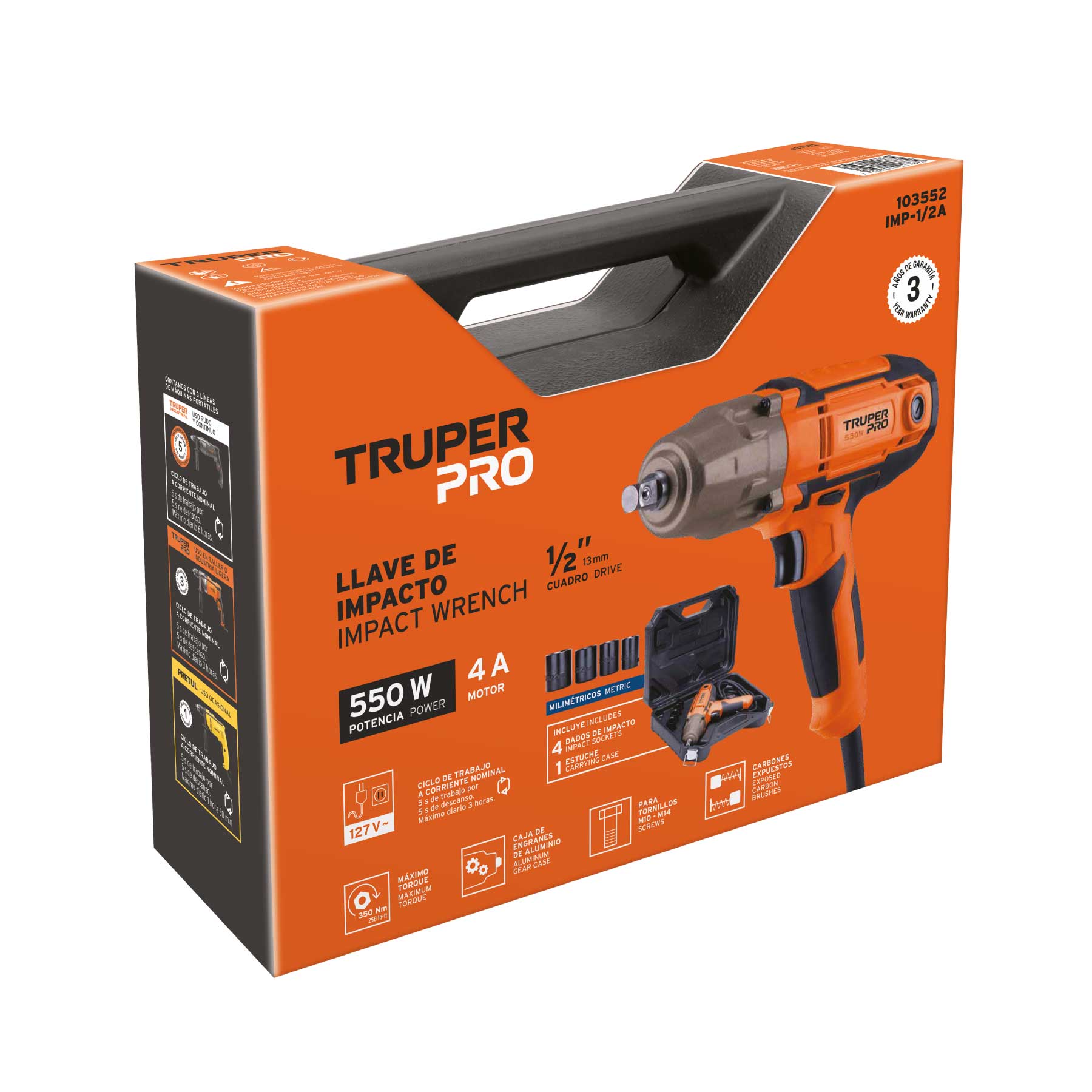 Llave de impacto 1/2" 550W, 258 lb/ft, TRUPER PRO