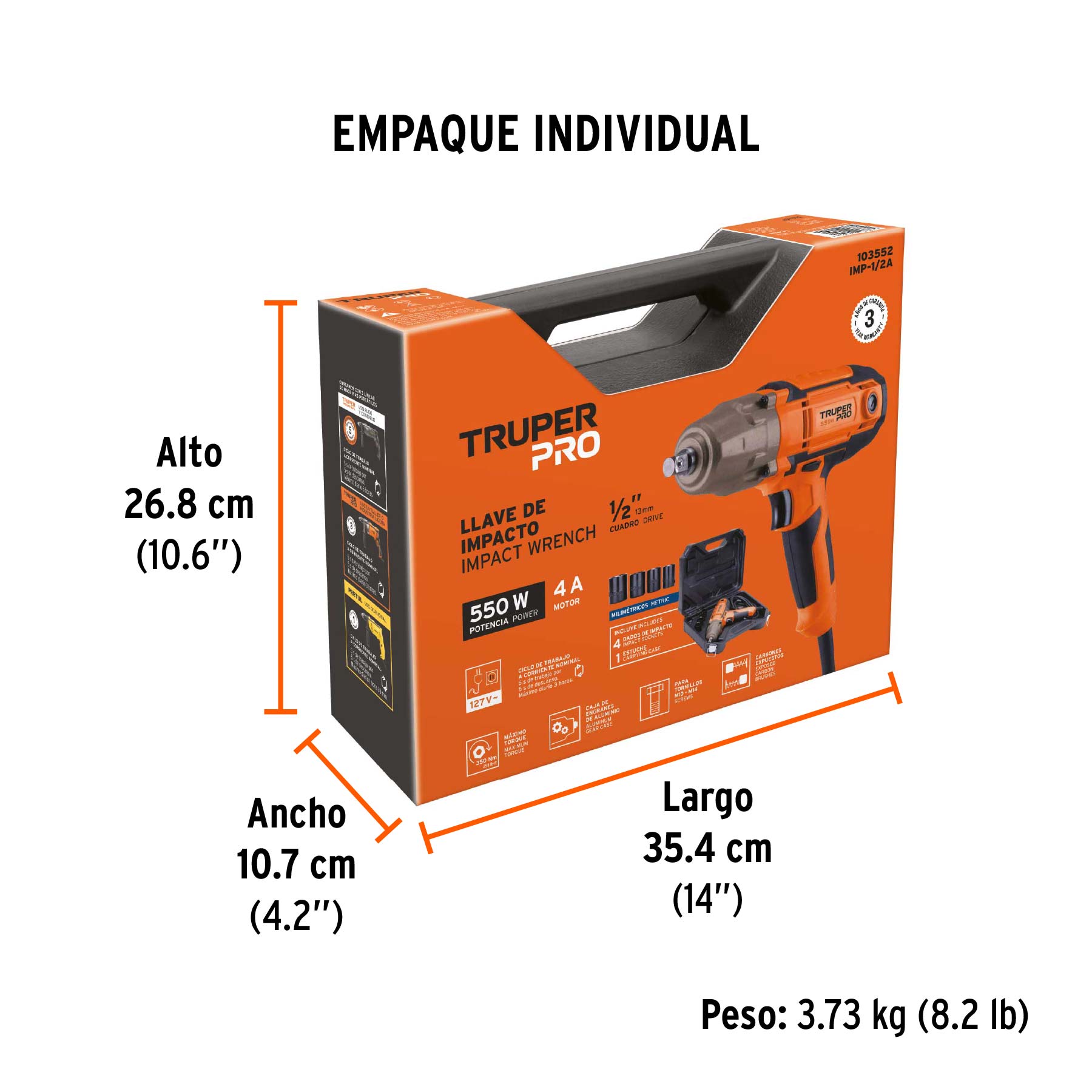 Llave de impacto 1/2" 550W, 258 lb/ft, TRUPER PRO - Empaque