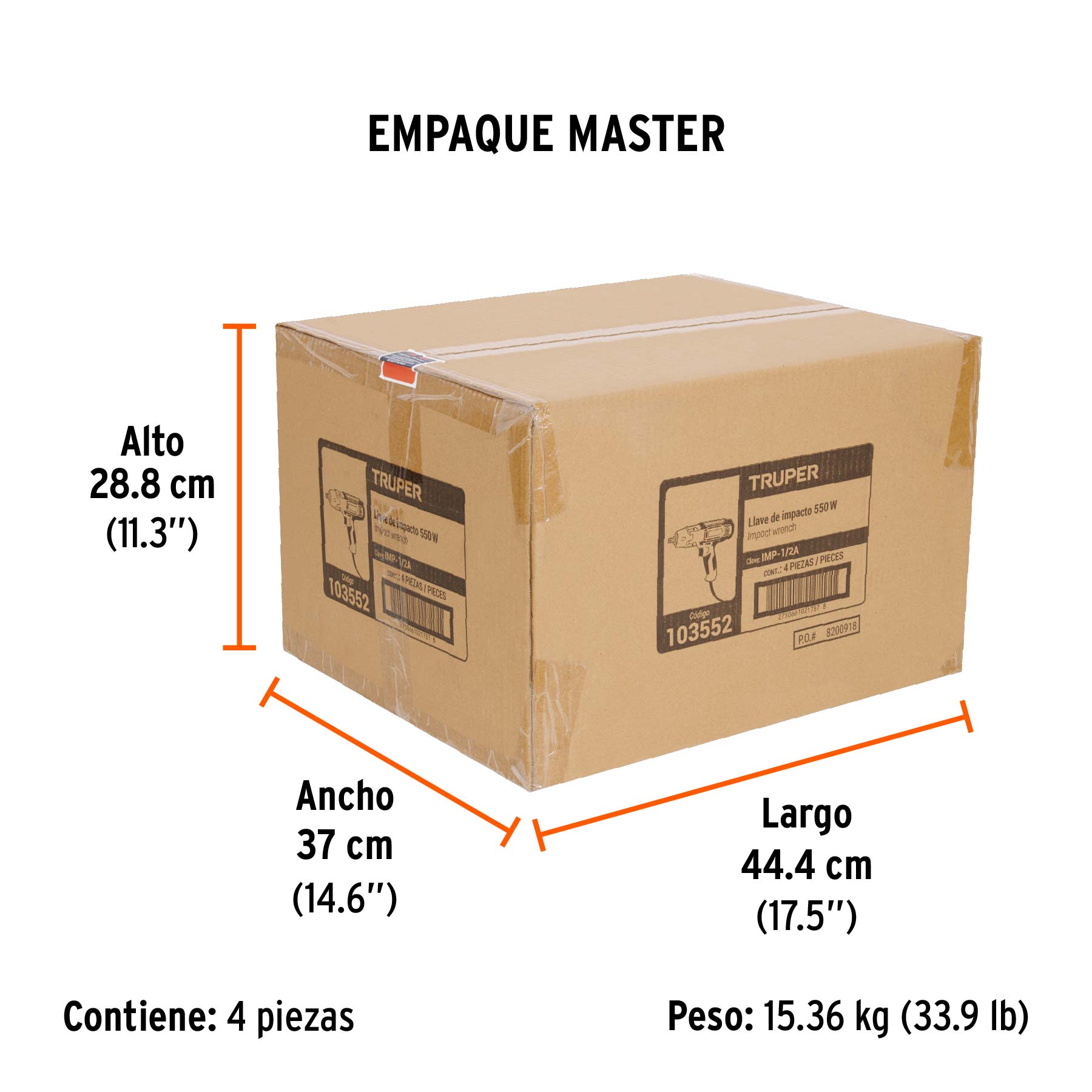 Llave de impacto 1/2" 550W, 258 lb/ft, TRUPER PRO - Empaque