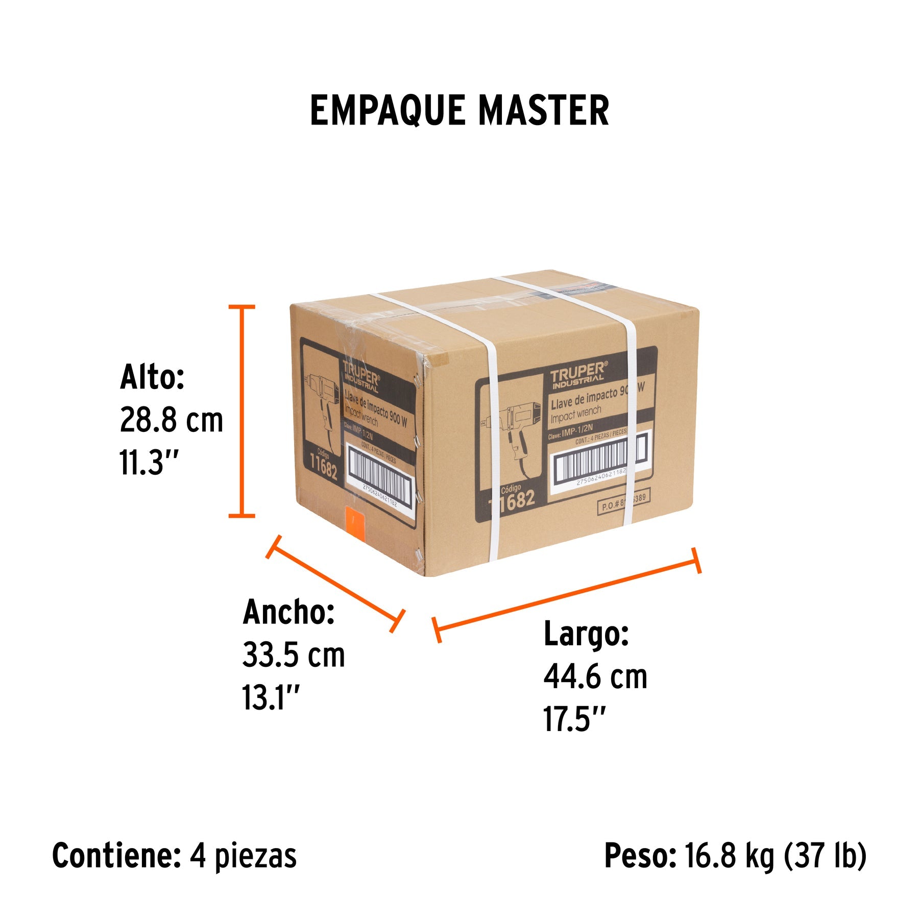 Llave de impacto 1/2" 900W, 320 lb/ft, TRUPER INDUSTRIAL - Empaque