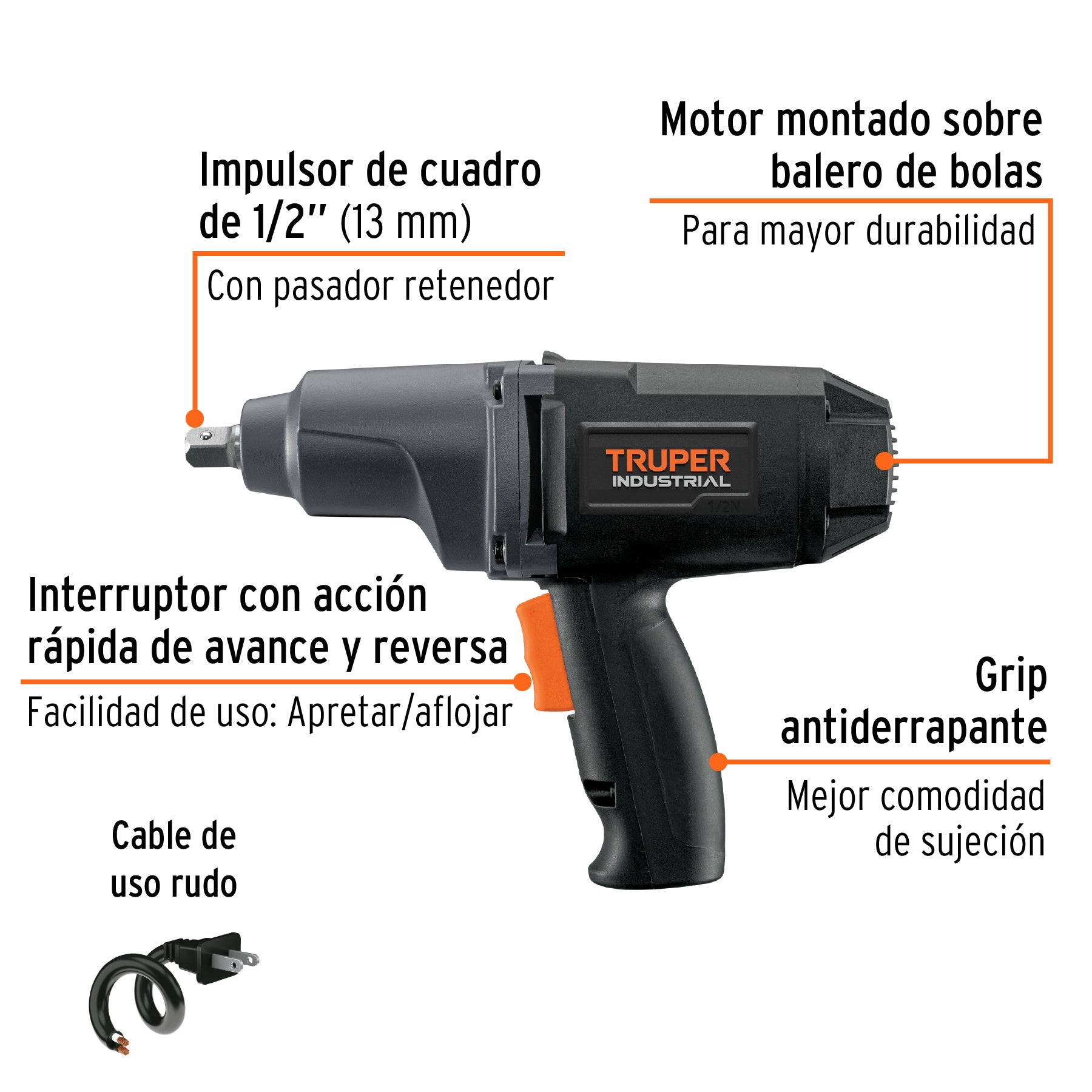 Llave de impacto 1/2" 900W, 320 lb/ft, TRUPER INDUSTRIAL