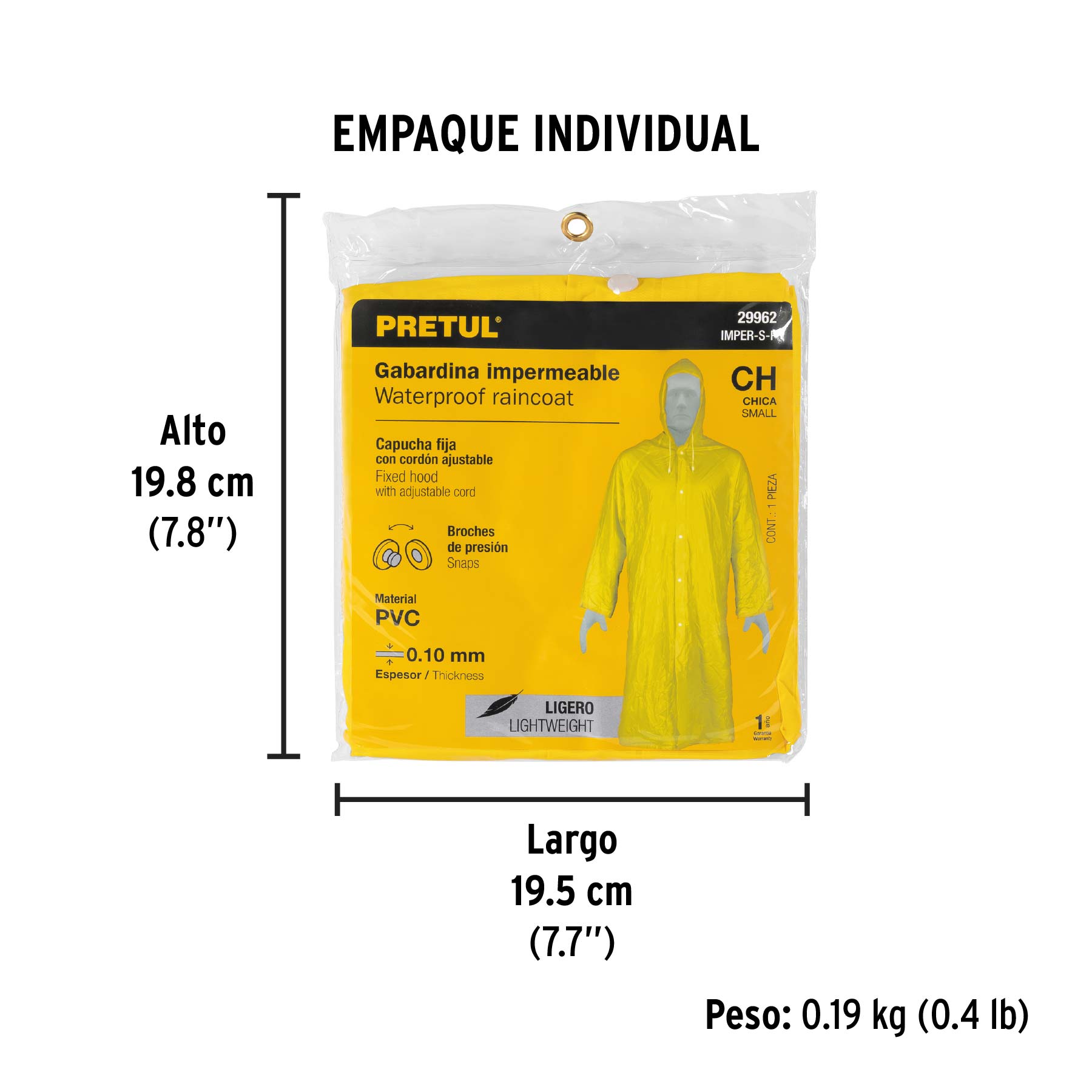 Gabardina impermeable ligera de PVC, talla CH, PRETUL - Empaque