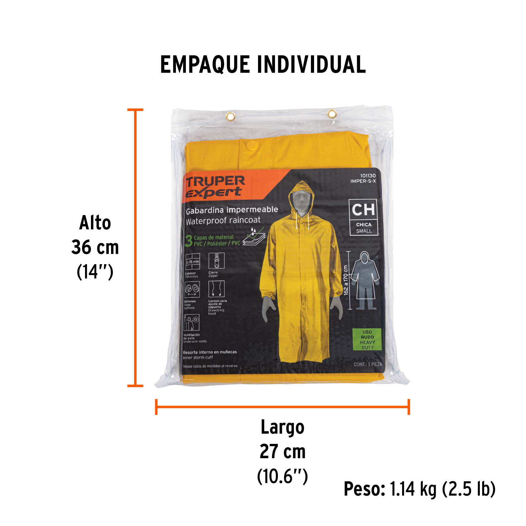 Gabardina impermeable triple capa, talla CH, TRUPER EXPERT - Empaque