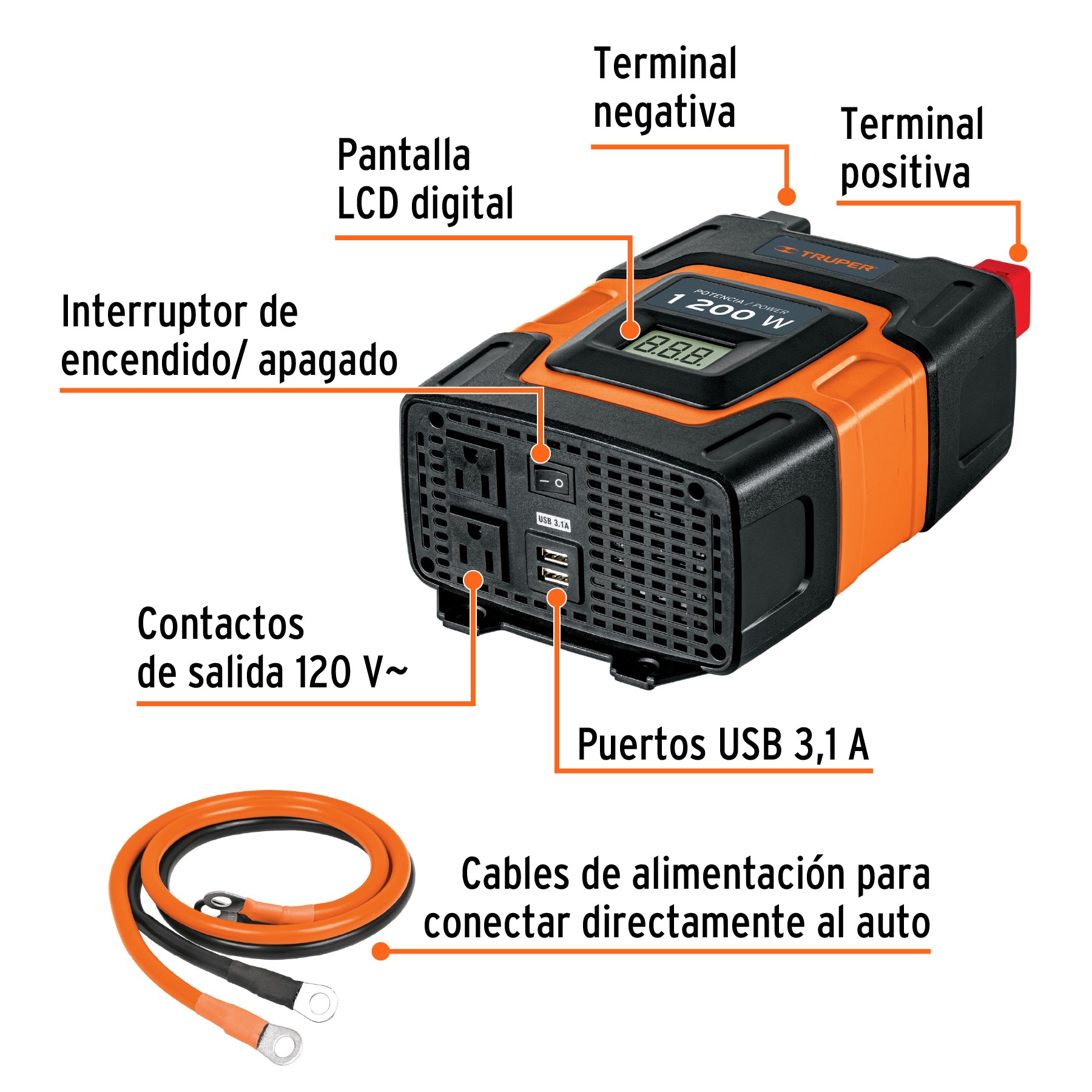 Inversor de corriente de 1200 W con puertos USB, TRUPER