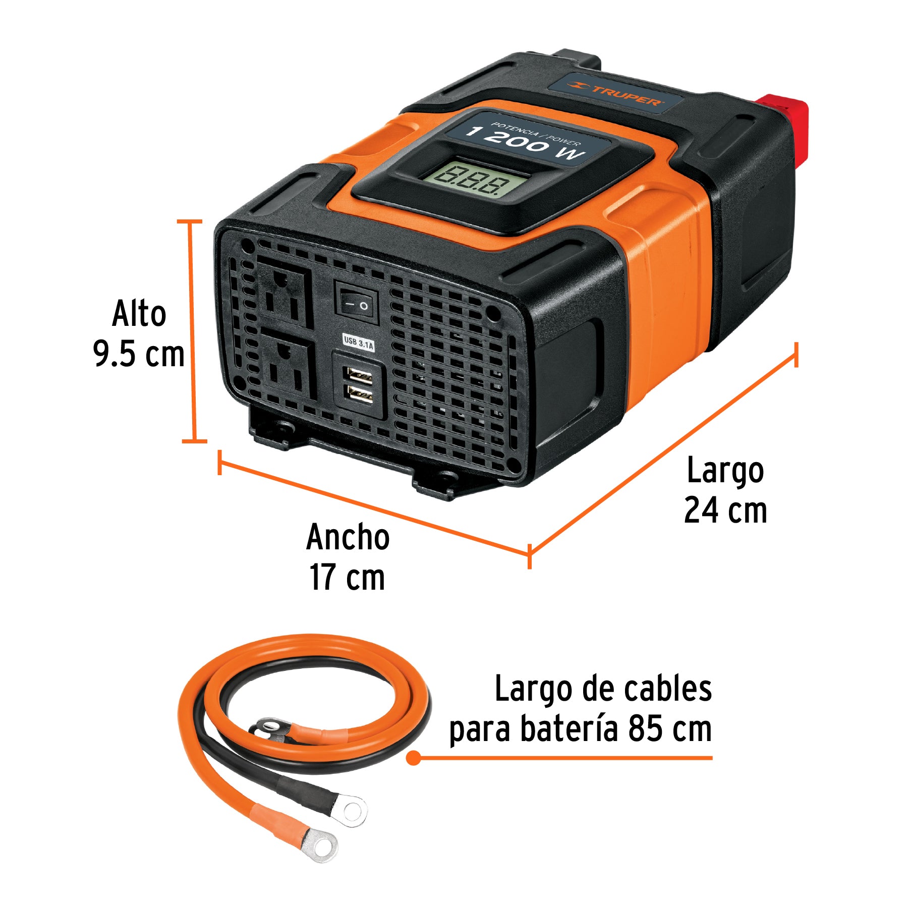 Inversor de corriente de 1200 W con puertos USB, TRUPER