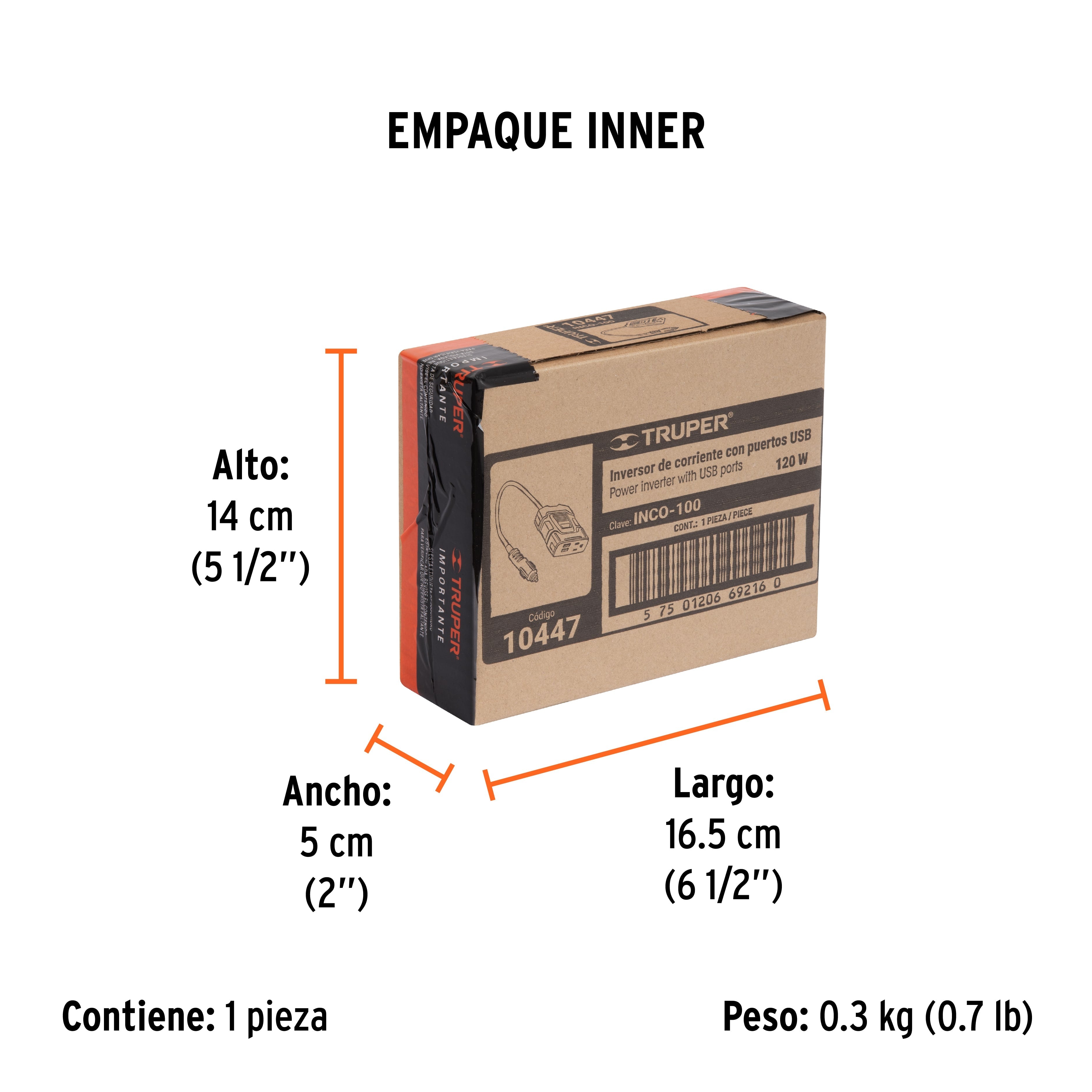 Inversor de corriente de 120 W con puertos USB, TRUPER - Empaque