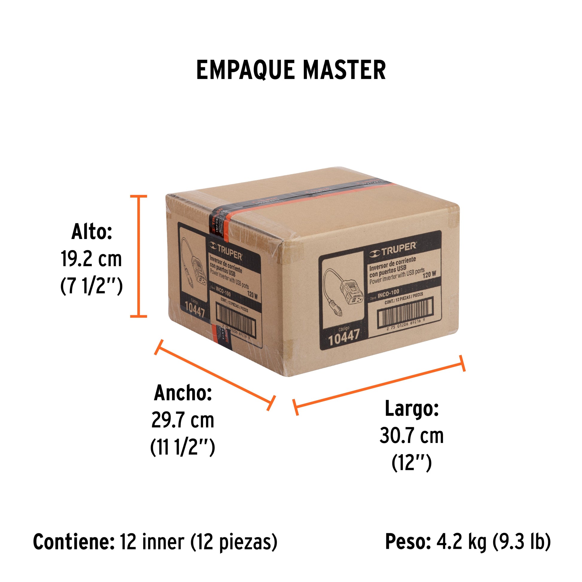 Inversor de corriente de 120 W con puertos USB, TRUPER - Empaque