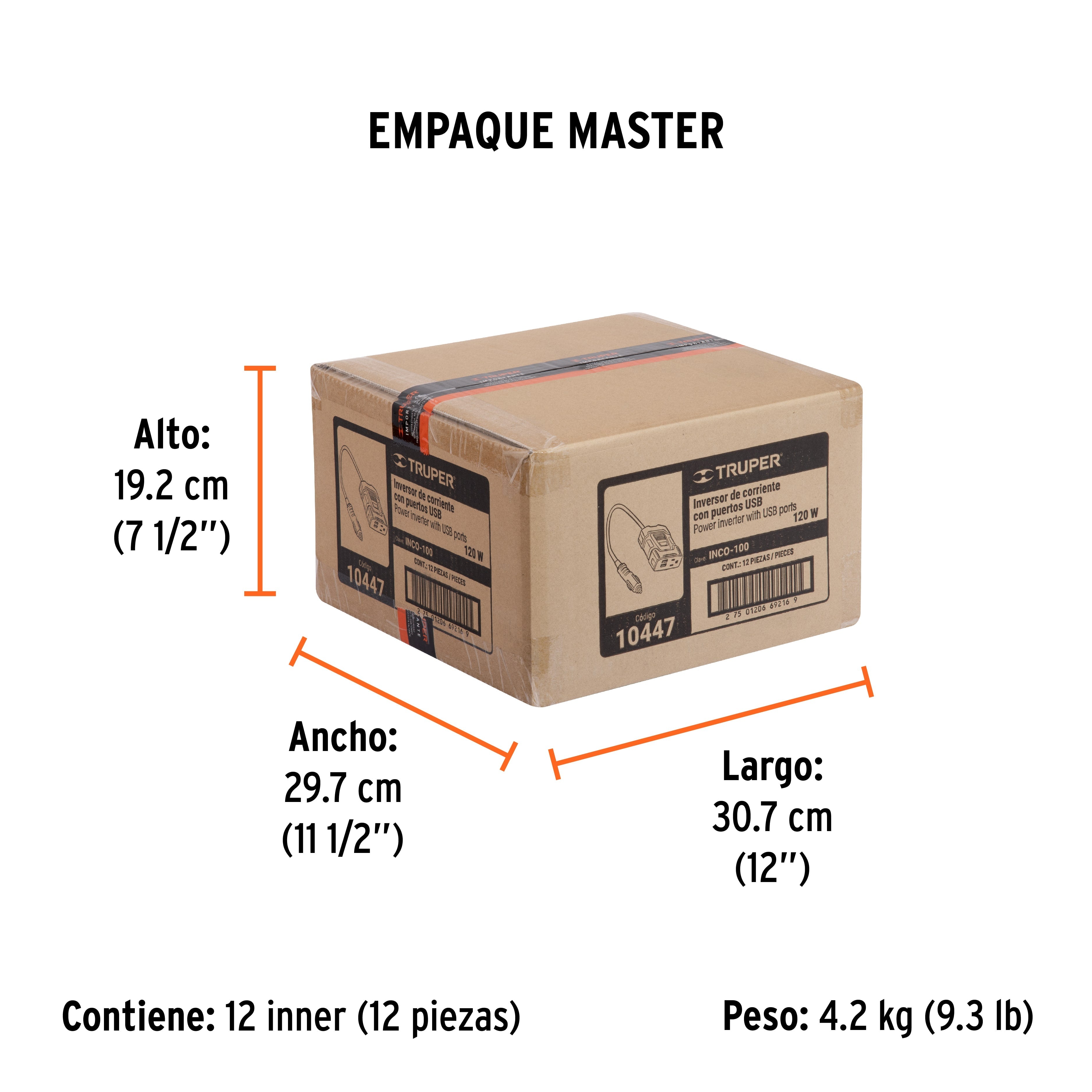Inversor de corriente de 120 W con puertos USB, TRUPER - Empaque