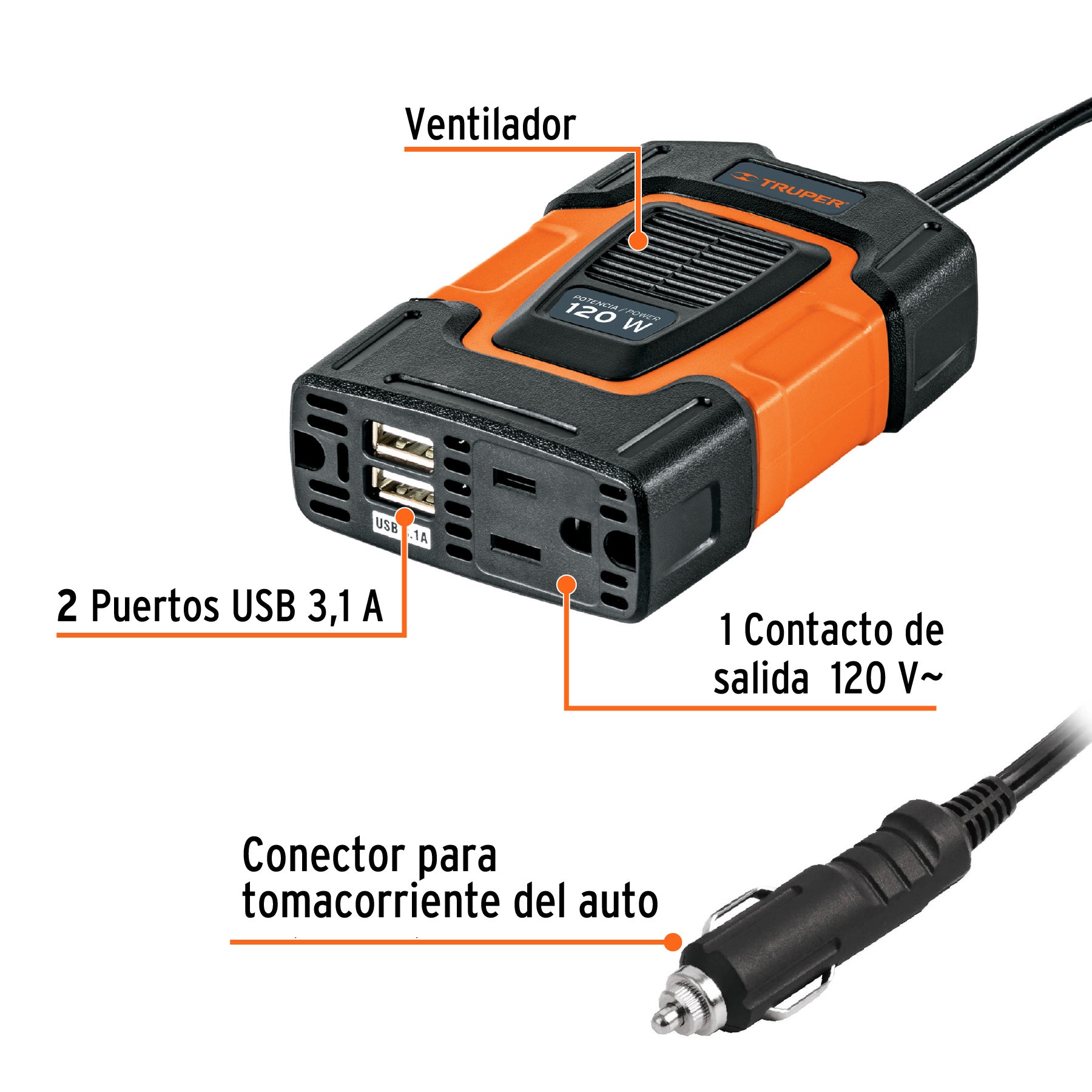 Inversor de corriente de 120 W con puertos USB, TRUPER