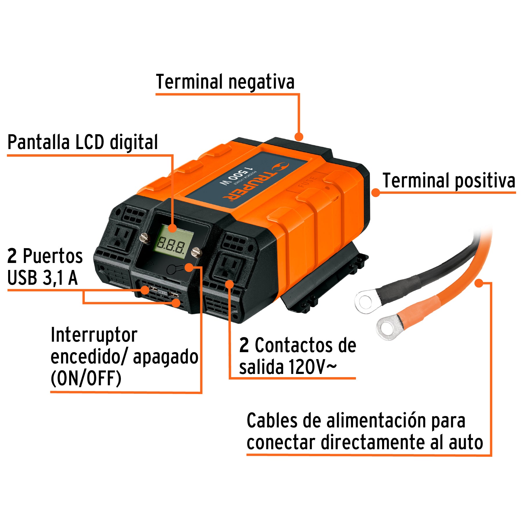 Inversor de corriente de 1500 W con puertos USB, TRUPER