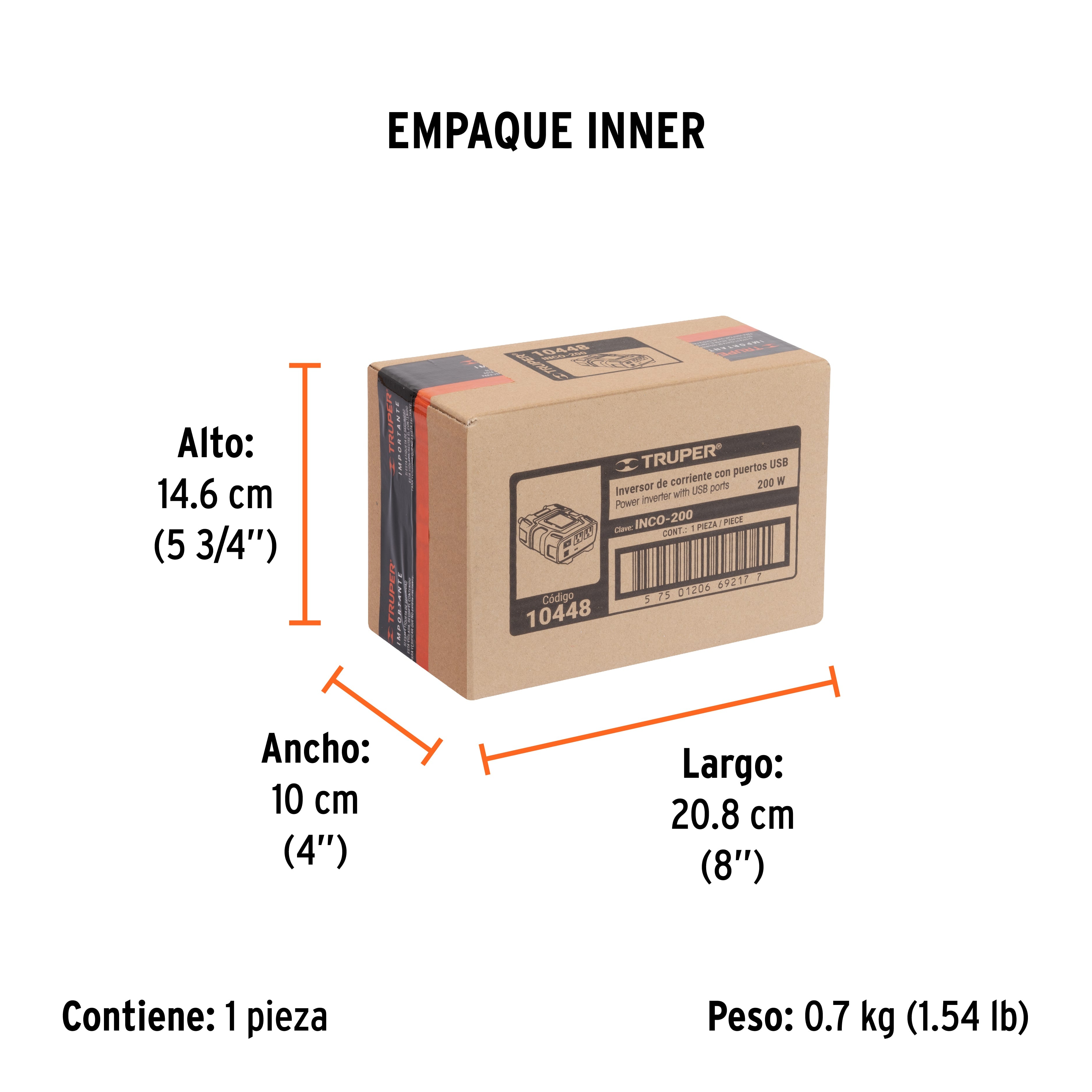 Inversor de corriente de 200 W con puertos USB, TRUPER - Empaque