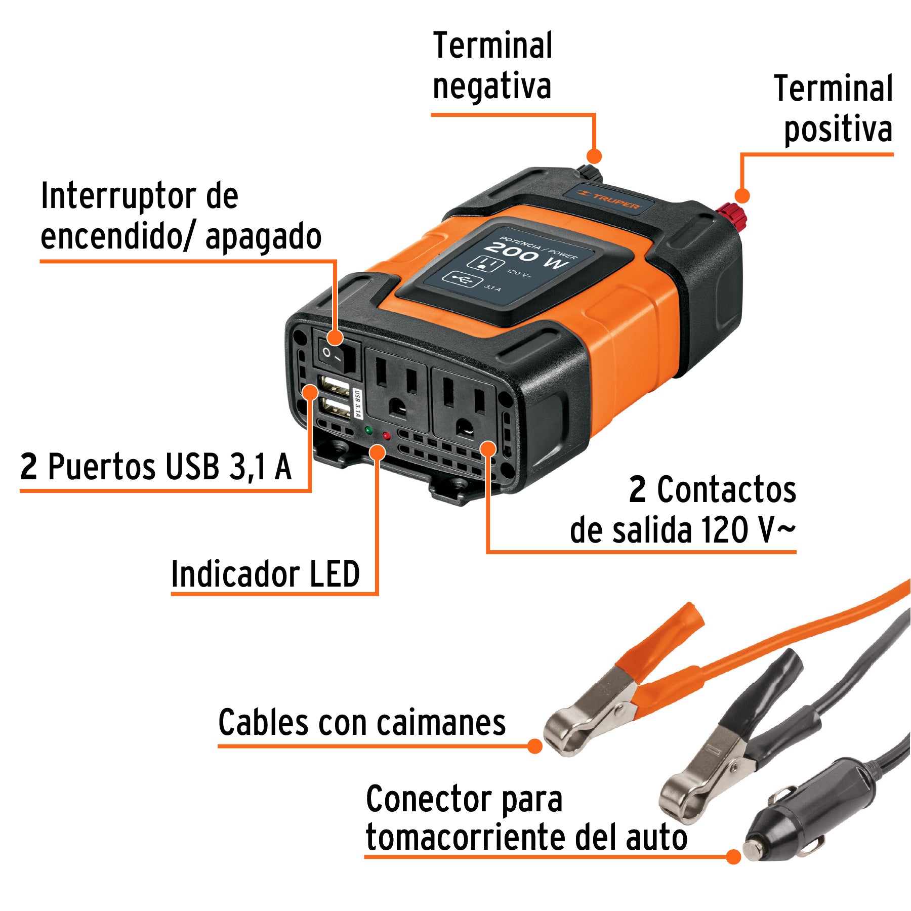 Inversor de corriente de 200 W con puertos USB, TRUPER