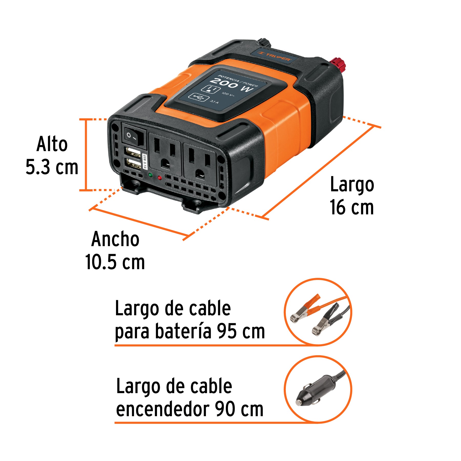 Inversor de corriente de 200 W con puertos USB, TRUPER