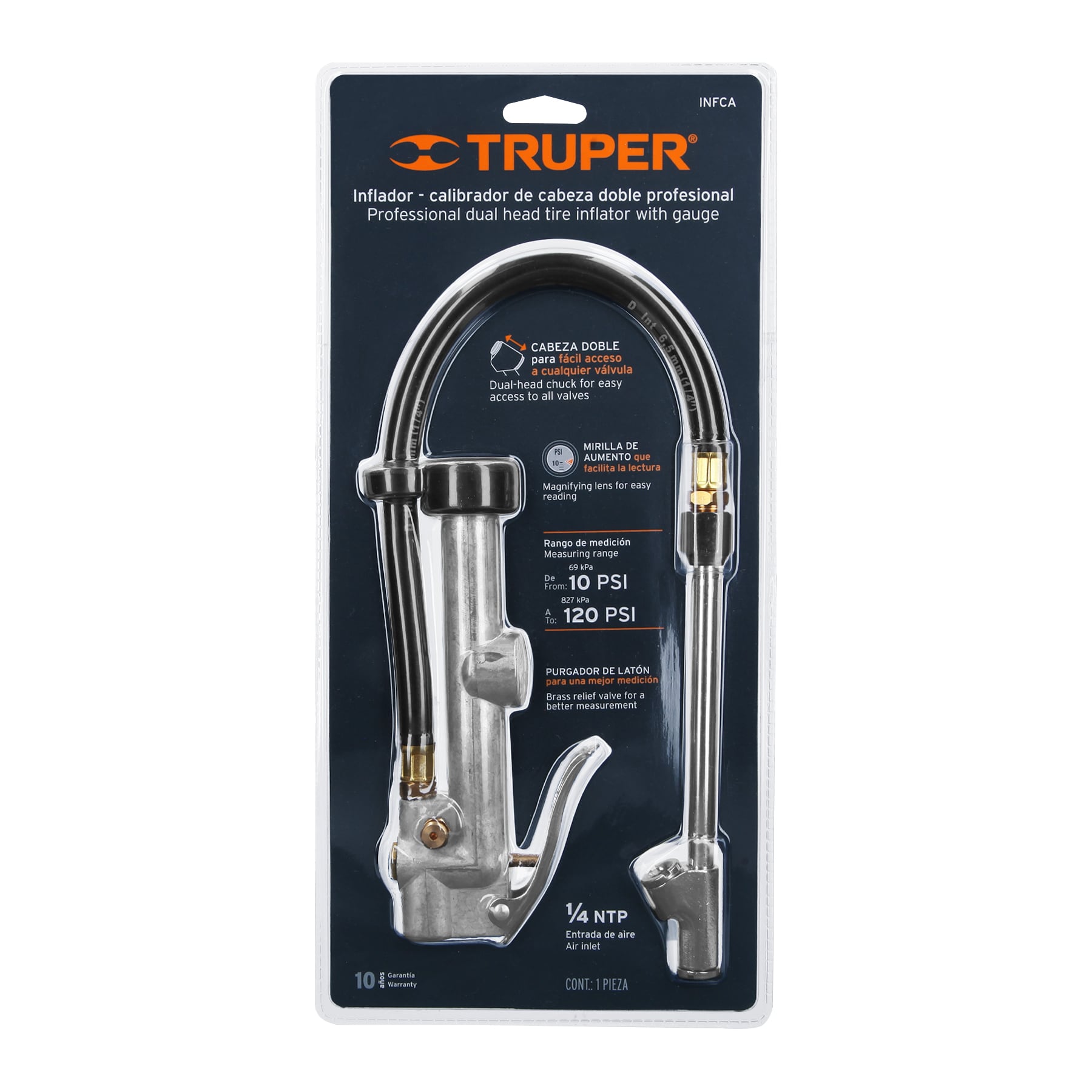 Inflador calibrador de cabeza doble, profesional, TRUPER