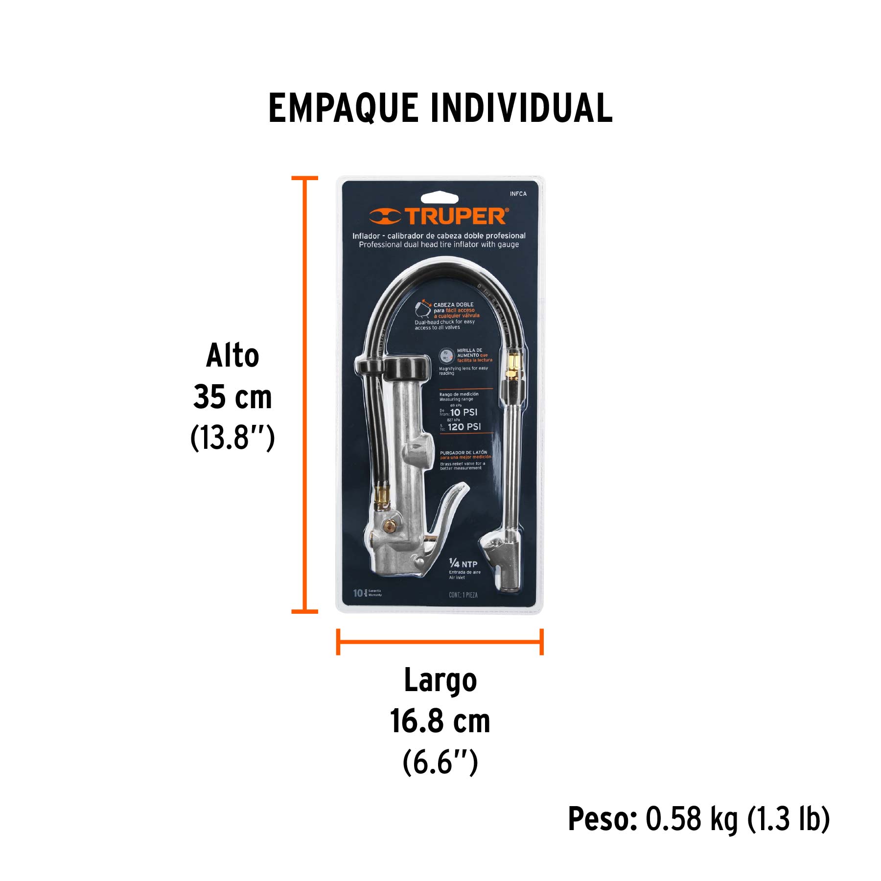 Inflador calibrador de cabeza doble, profesional, TRUPER - Empaque