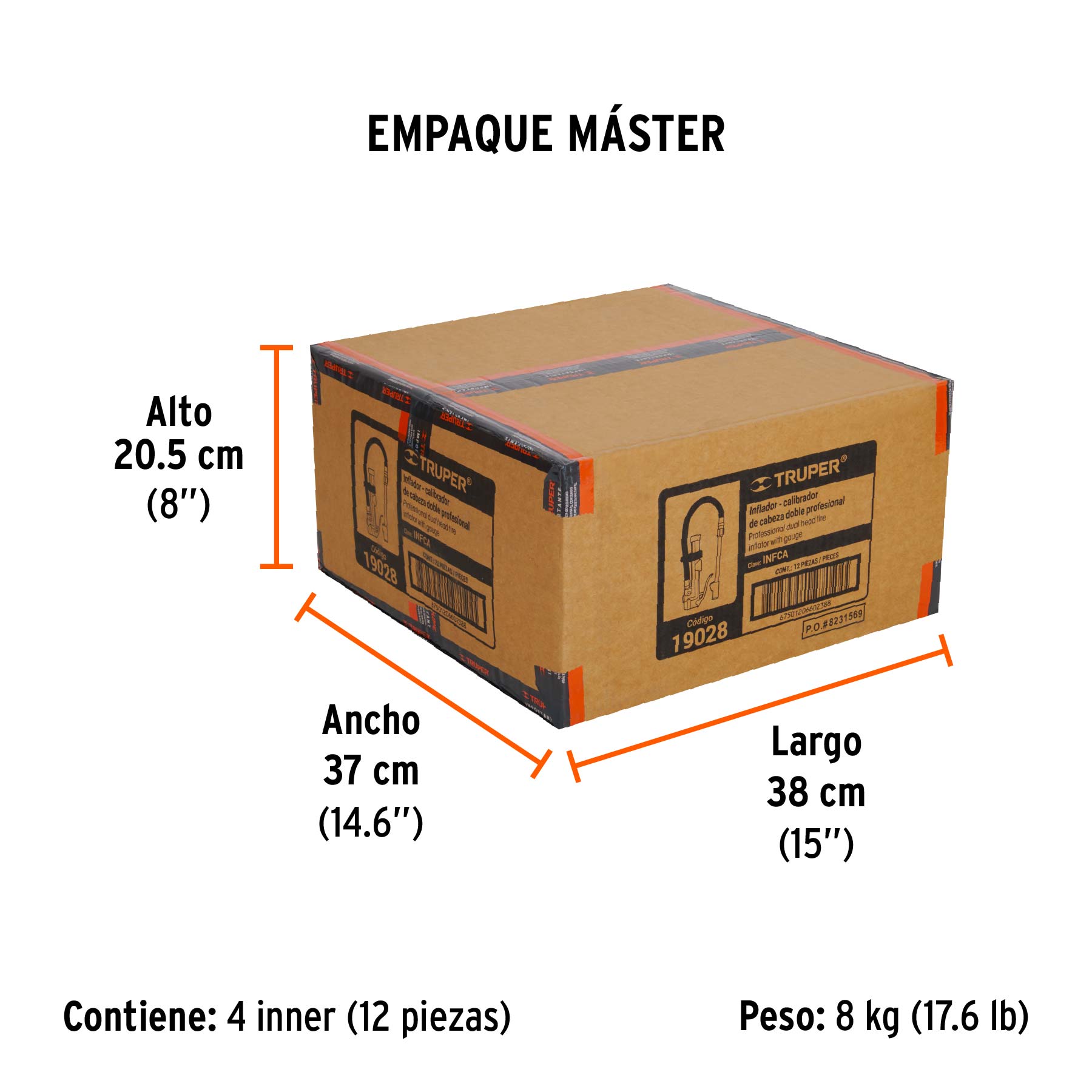 Inflador calibrador de cabeza doble, profesional, TRUPER - Empaque