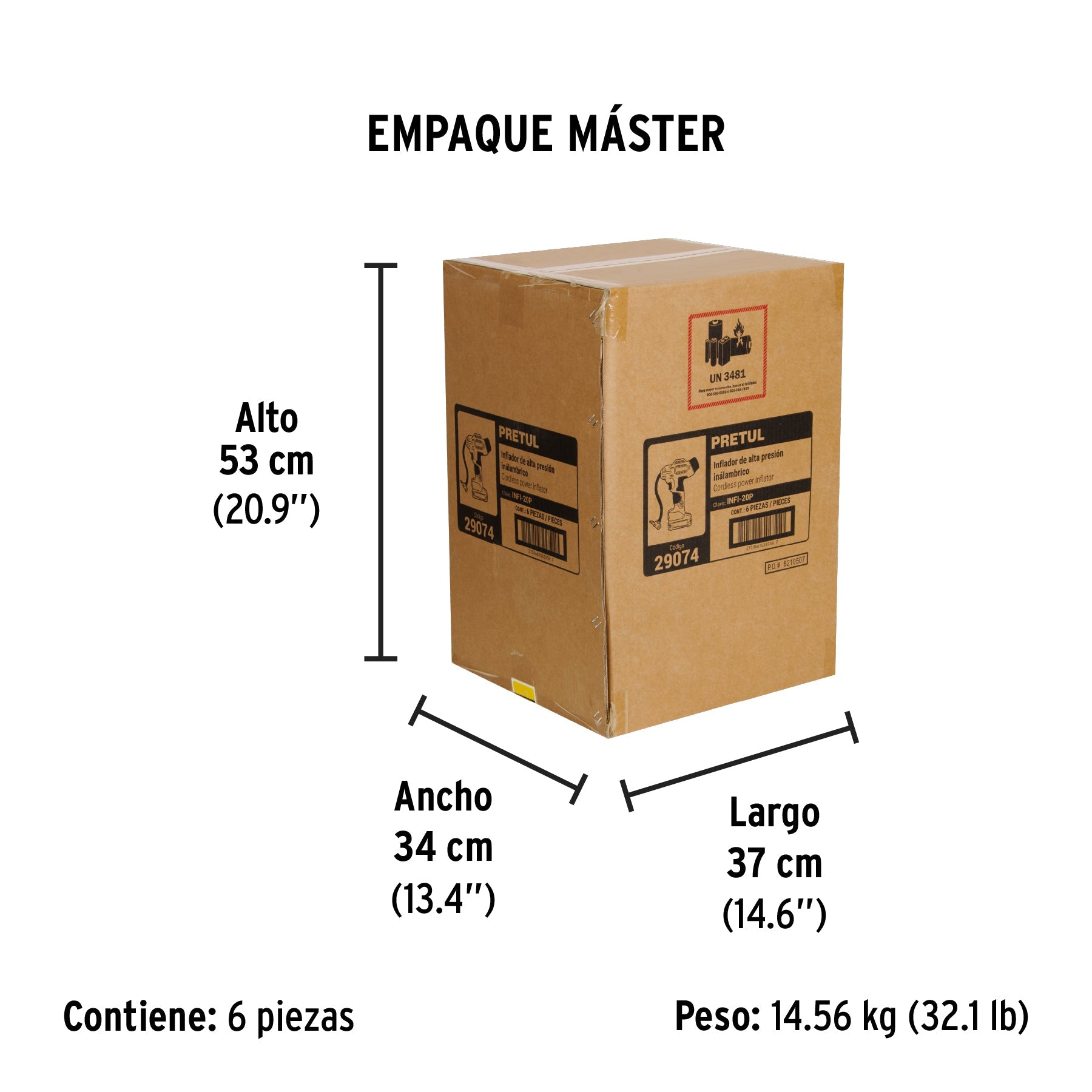 Inflador inalámbrico portátil, 20 V para auto, PRETUL - Empaque