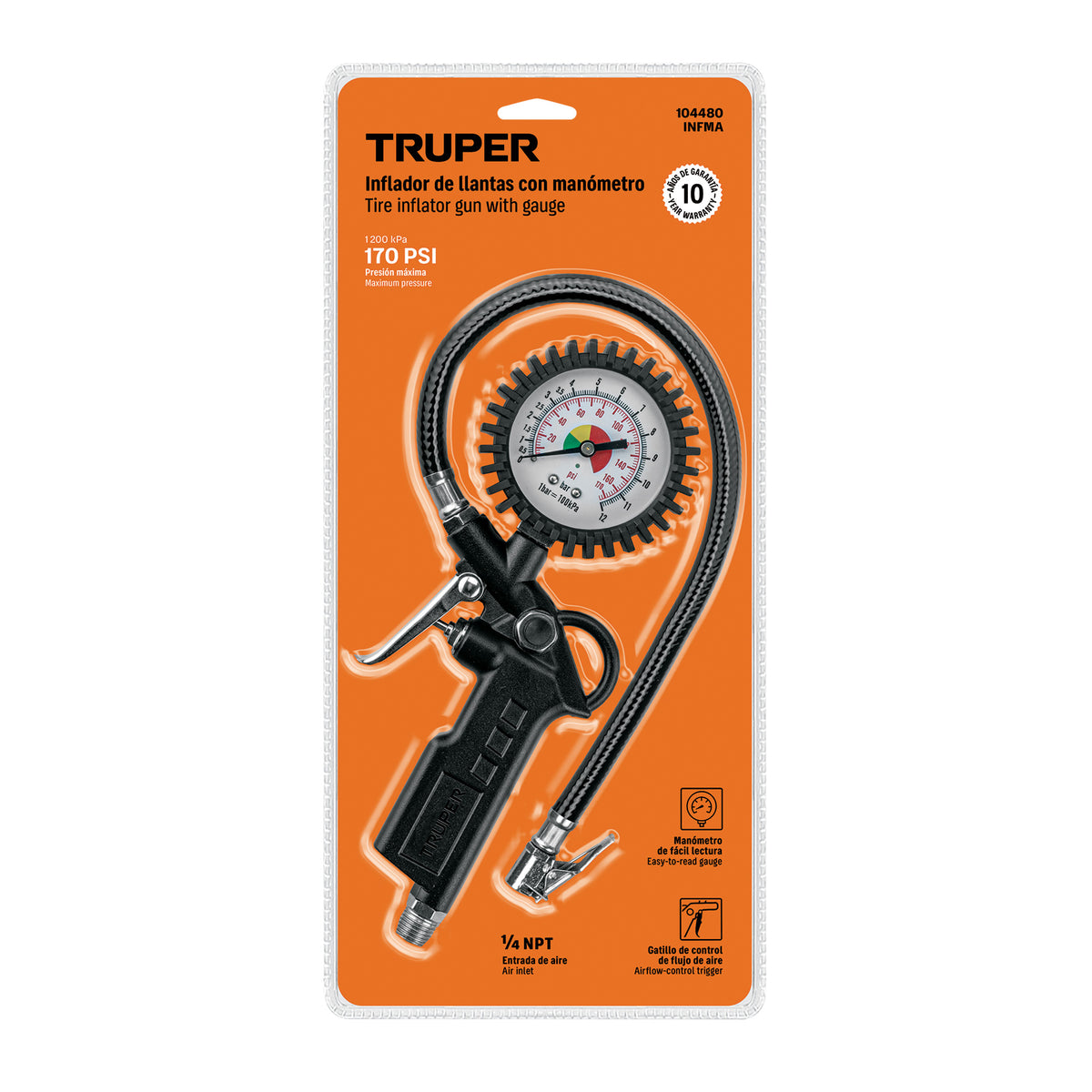 Inflador de llantas con manómetro, 1/4" NPT, TRUPER