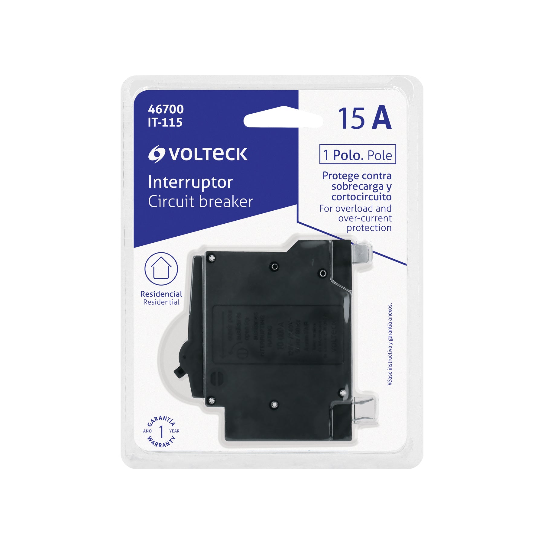 Interruptor de 1 polo 15A, enchufable, VOLTECK