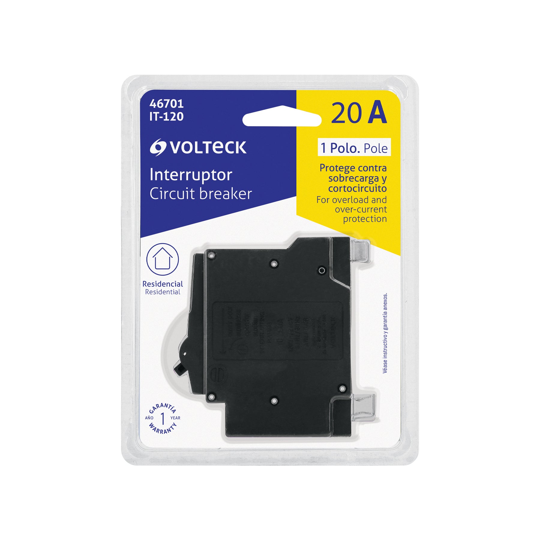 Interruptor de 1 polo 20A, enchufable, VOLTECK