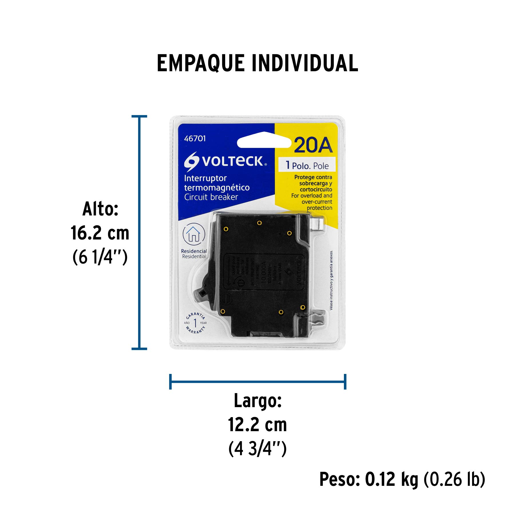 Interruptor de 1 polo 20A, enchufable, VOLTECK - Empaque