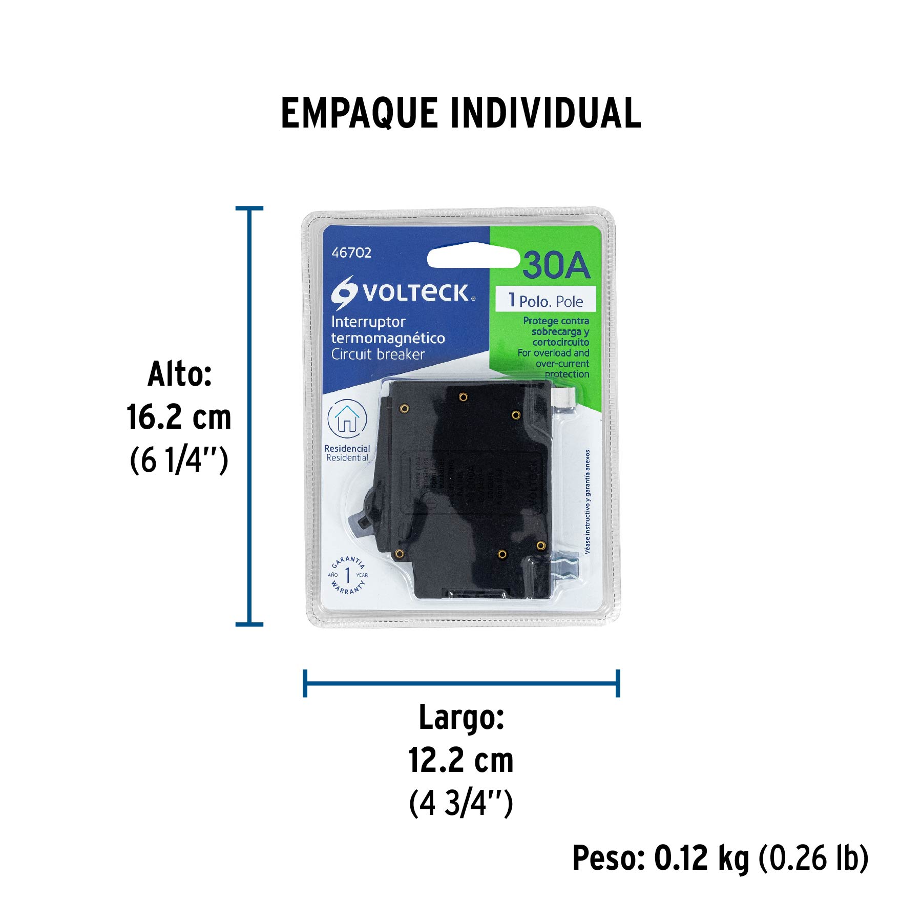 Interruptor de 1 polo 30A, enchufable, VOLTECK - Empaque