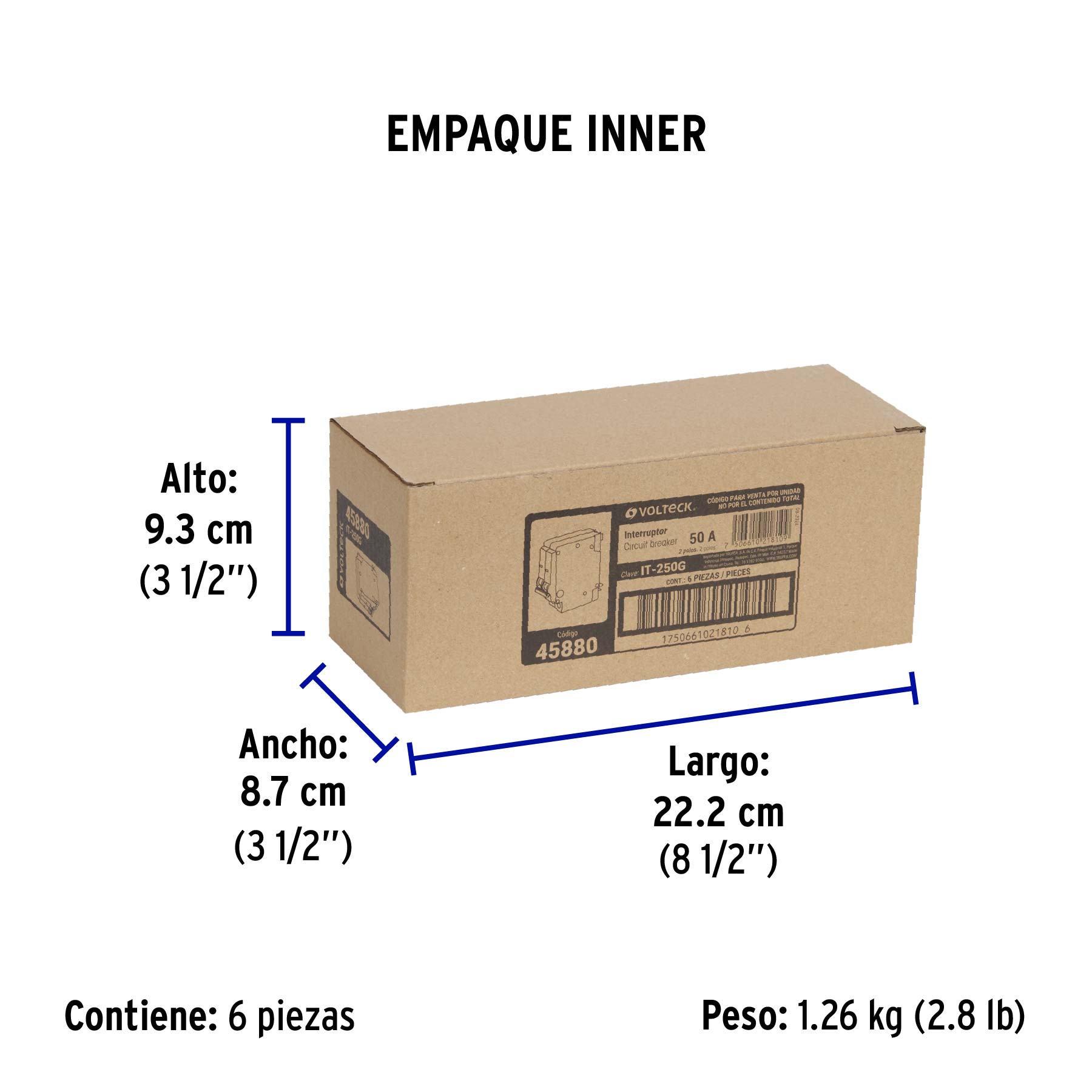 Interruptor de 2 polos 50A, enchufable, a granel, VOLTECK - Empaque