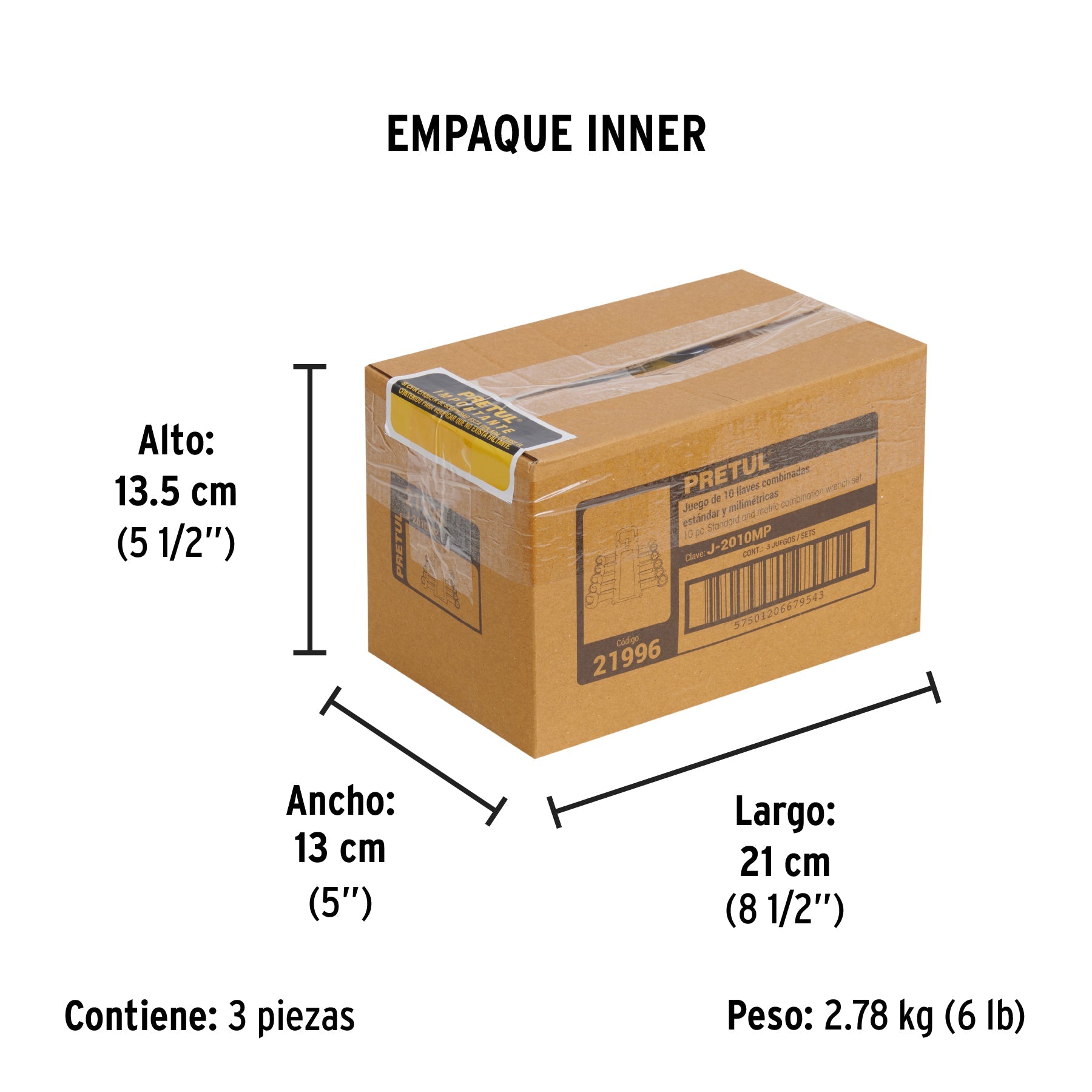 Juego de 10 llaves combinadas std y mm, PRETUL - Empaque