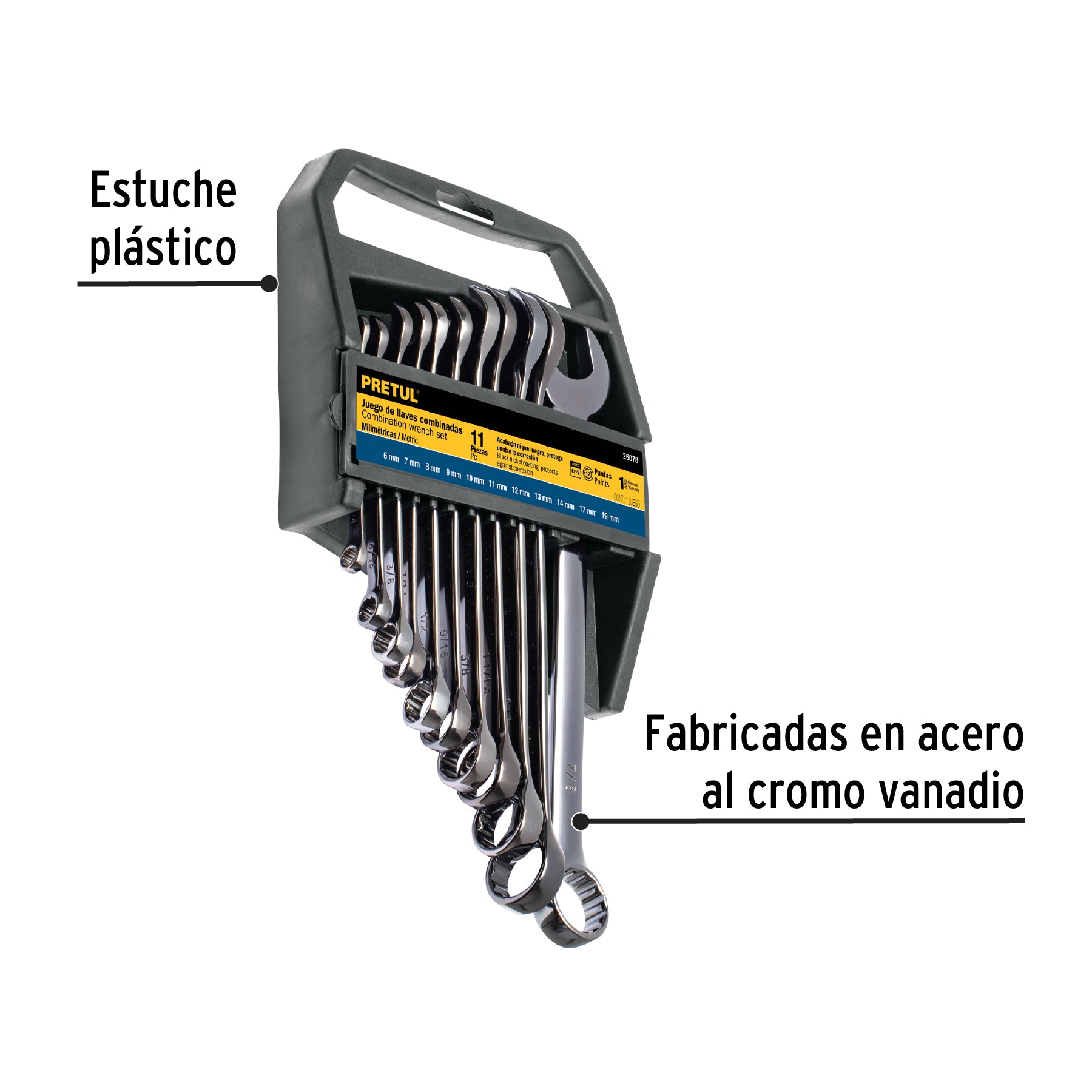 Juego de 11 llaves combinadas mm, acabado gun metal, PRETUL