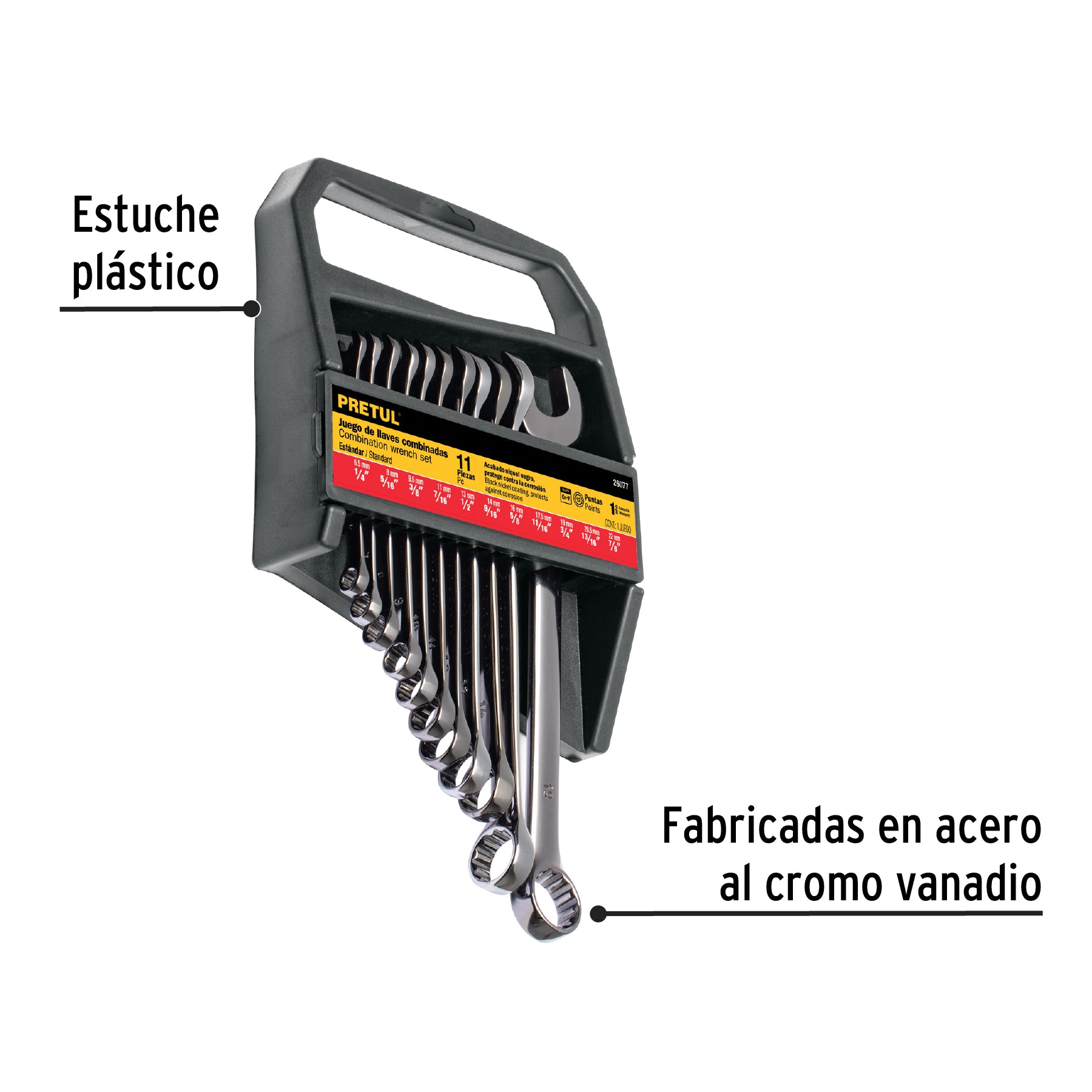 Juego de 11 llaves combinadas std, acabado gun metal, PRETUL