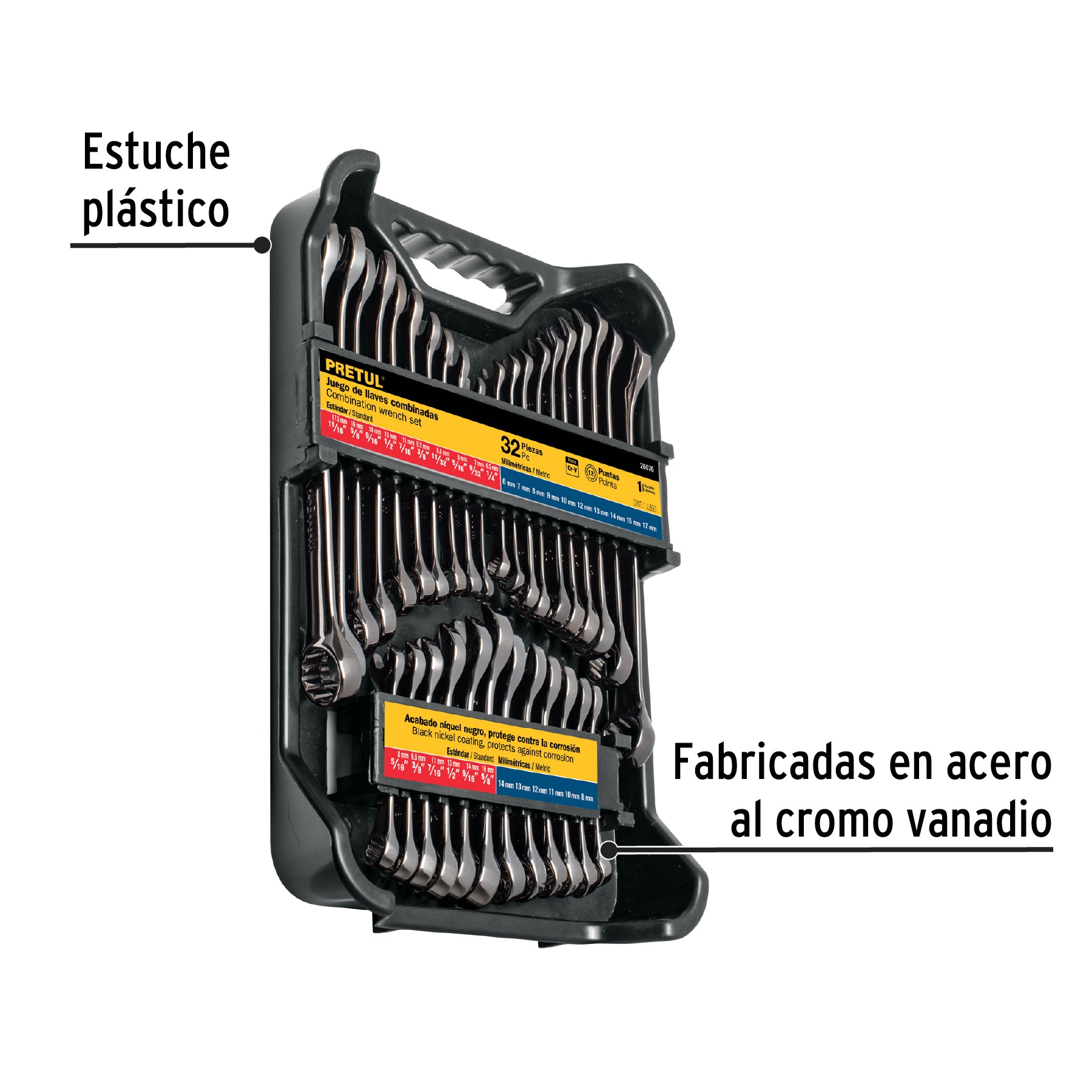Juego de 32 llaves combinadas std y mm, gun metal, PRETUL