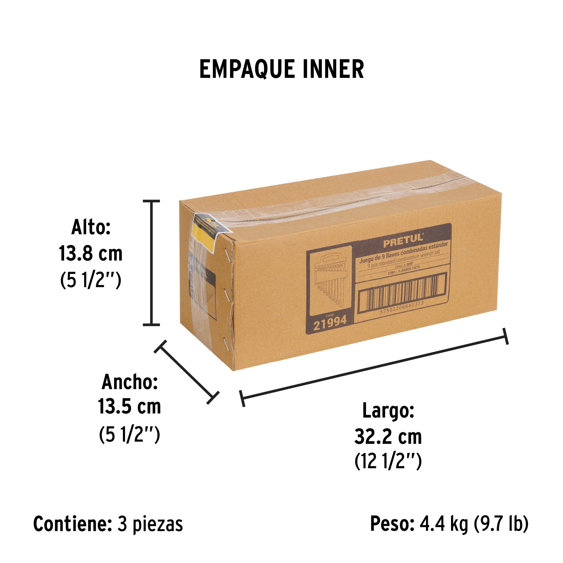 Juego de 9 llaves combinadas std, PRETUL - Empaque