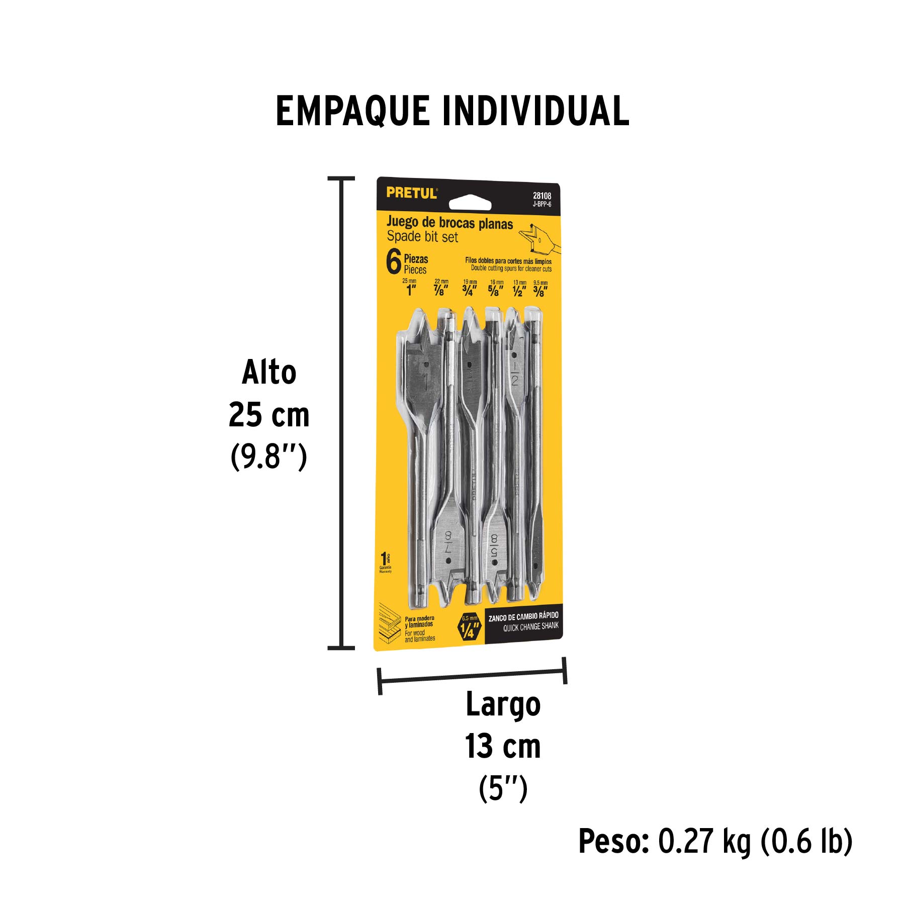 Juego de brocas planas de manita, 6 piezas, PRETUL - Empaque