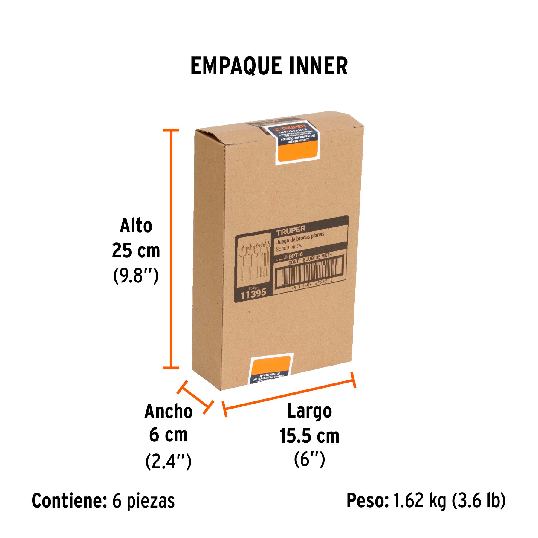 Juego de brocas planas de manita, 6 piezas, TRUPER - Empaque