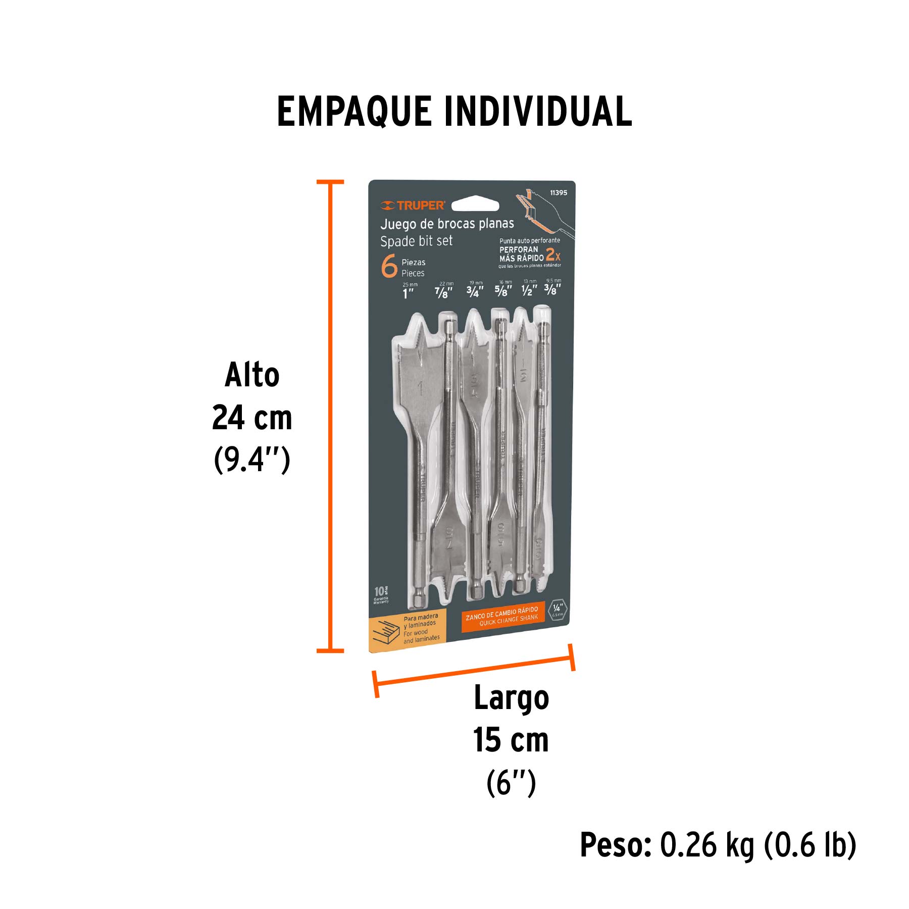 Juego de brocas planas de manita, 6 piezas, TRUPER - Empaque
