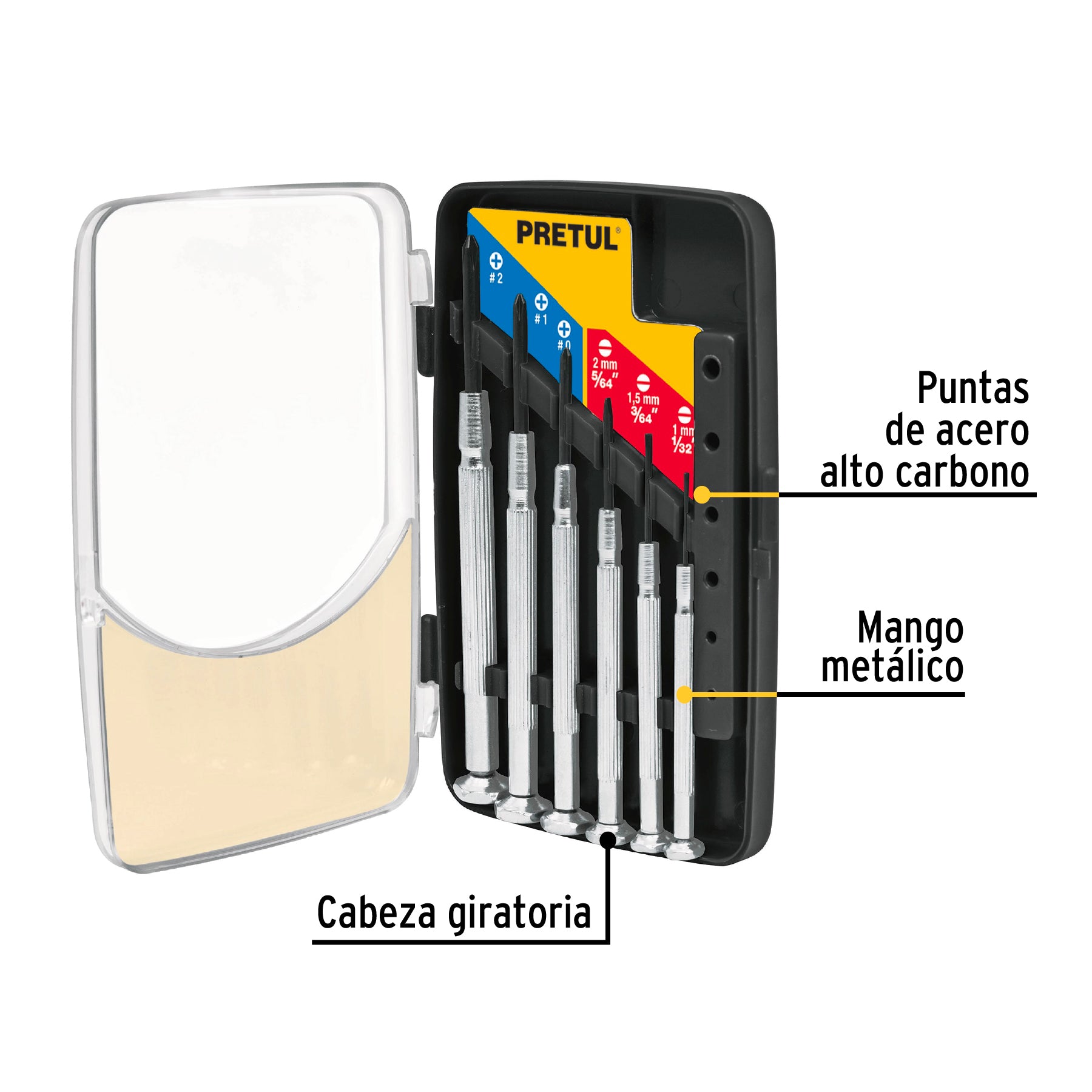 Juego con 6 desarmadores de precisión mango metálico, PRETUL