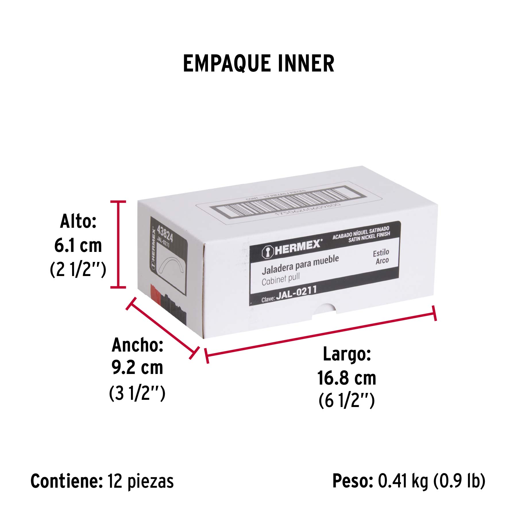 Jaladera de 96mm, línea Arco, níquel, HERMEX - Empaque