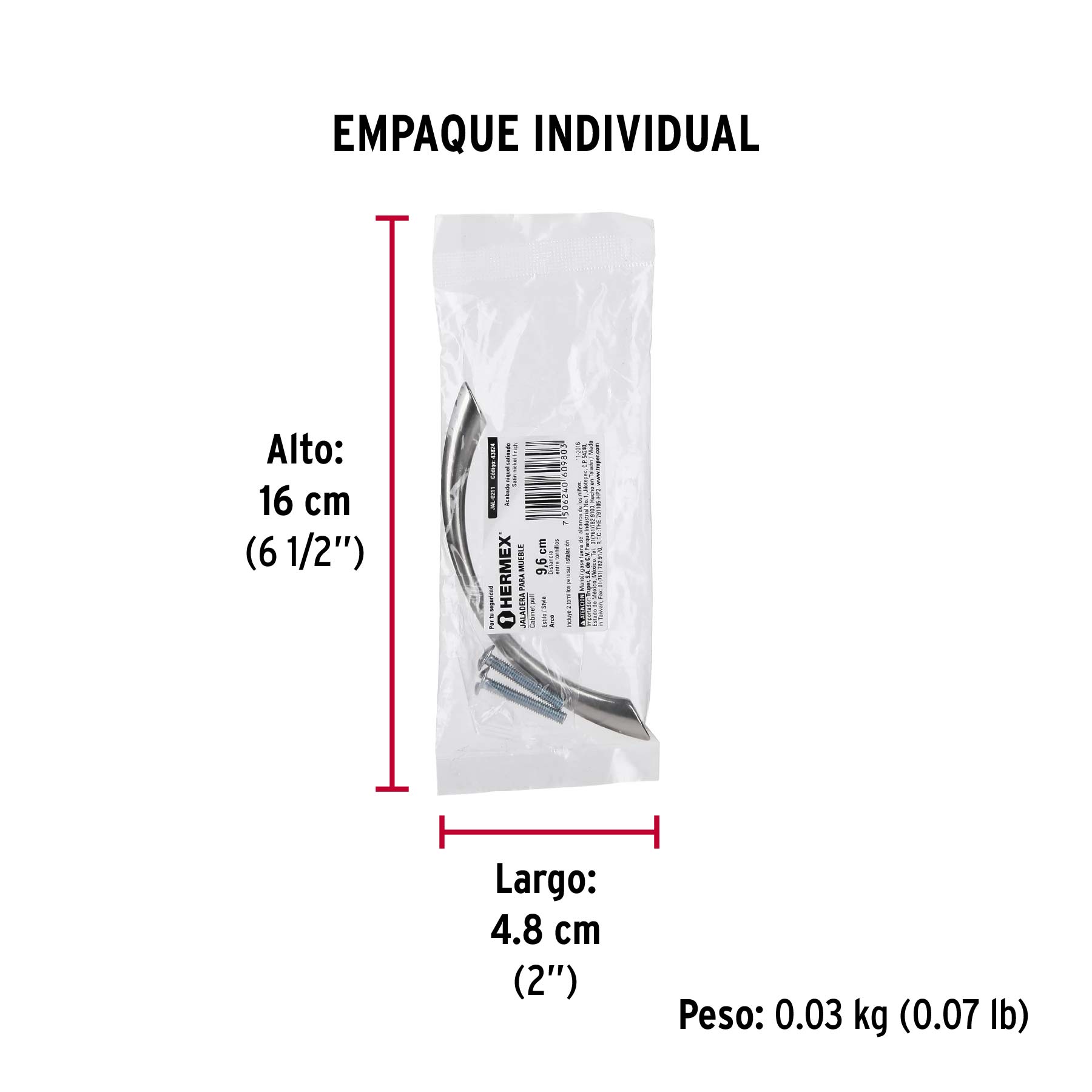 Jaladera de 96mm, línea Arco, níquel, HERMEX - Empaque