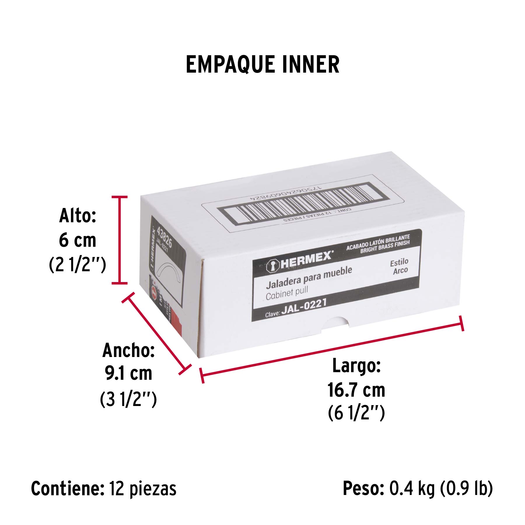 Jaladera de 96mm, línea Arco, latón brillante, HERMEX - Empaque