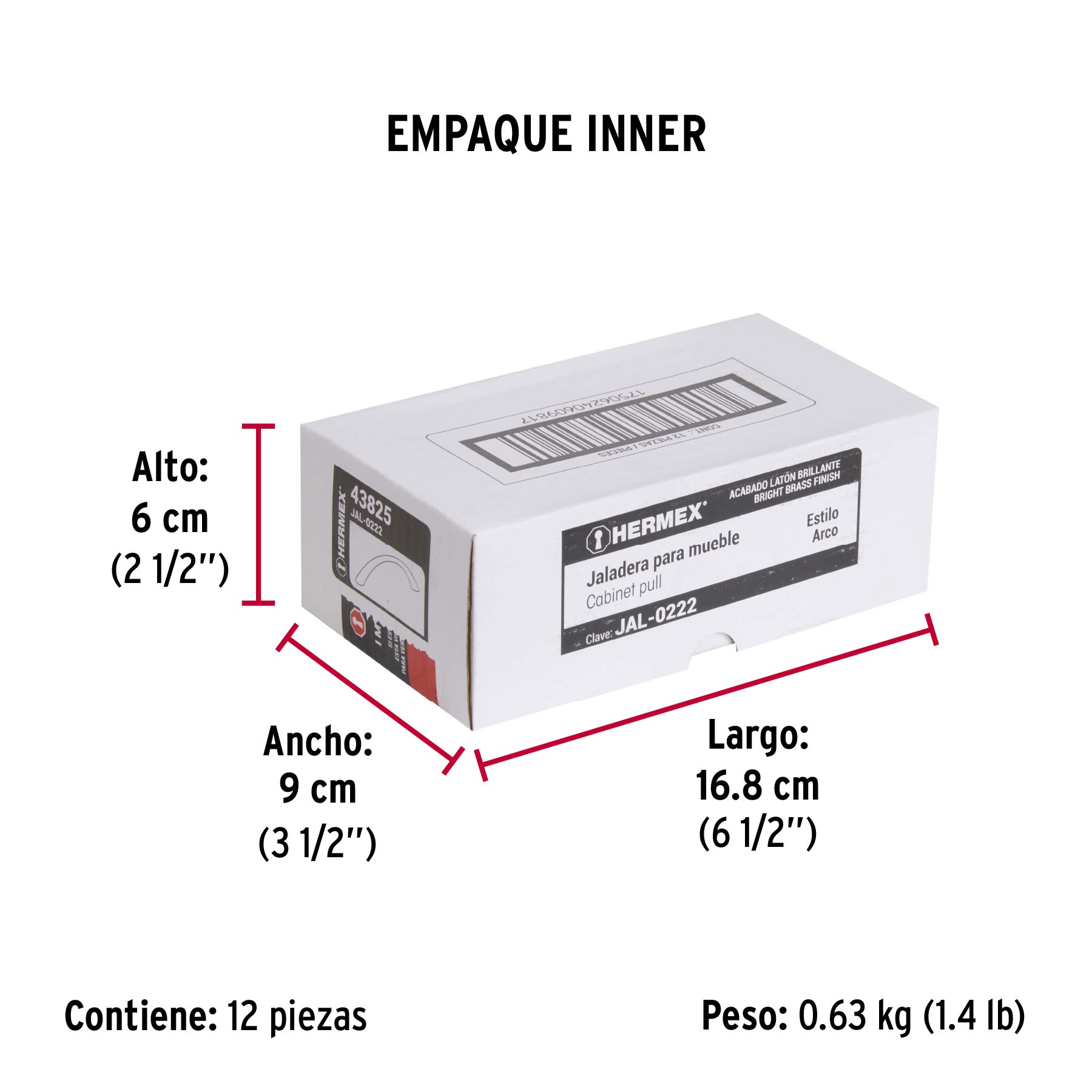 Jaladera de 128mm, línea Arco, latón brillante - Empaque