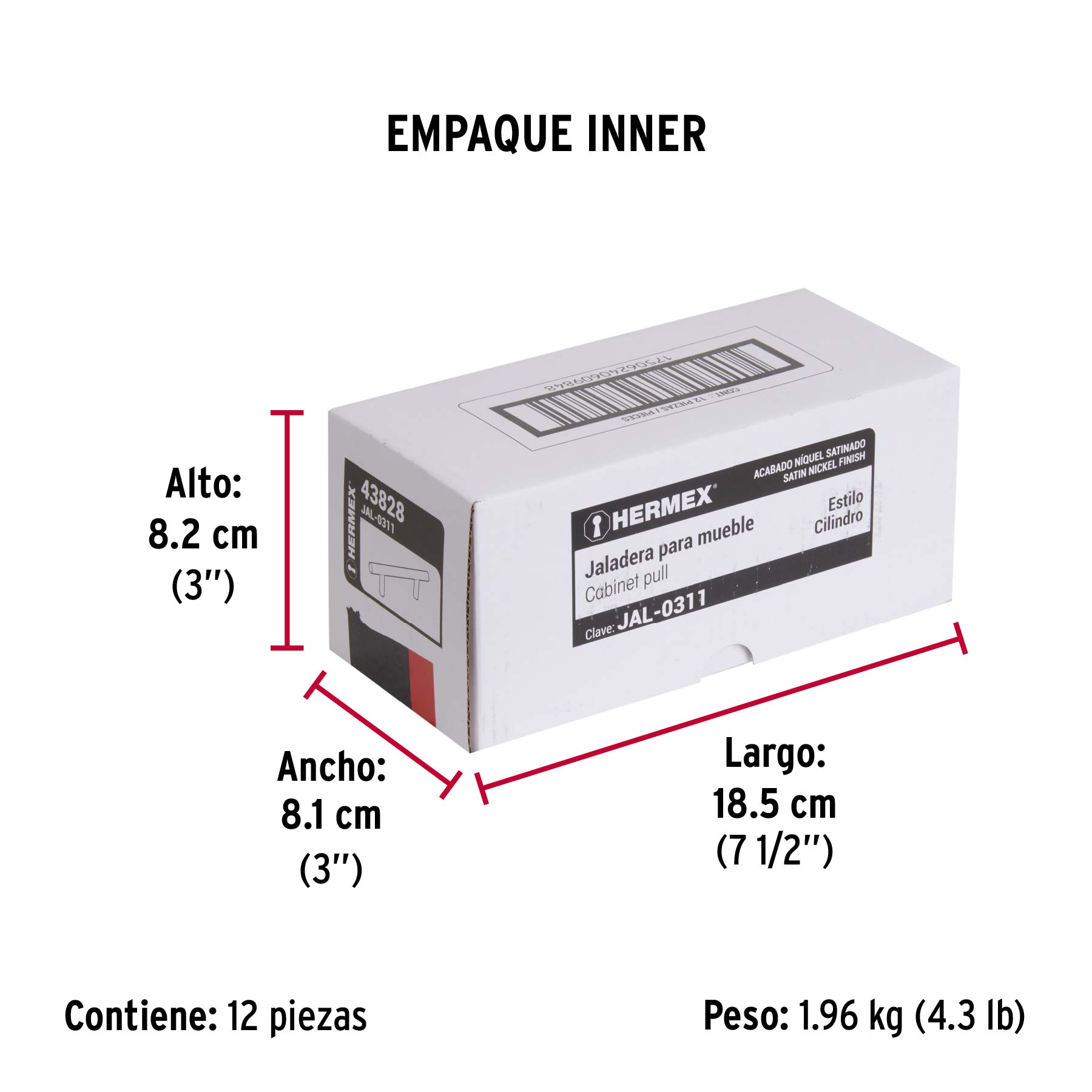 Jaladera de acero, 96mm, línea Cilindro, níquel, HERMEX - Empaque