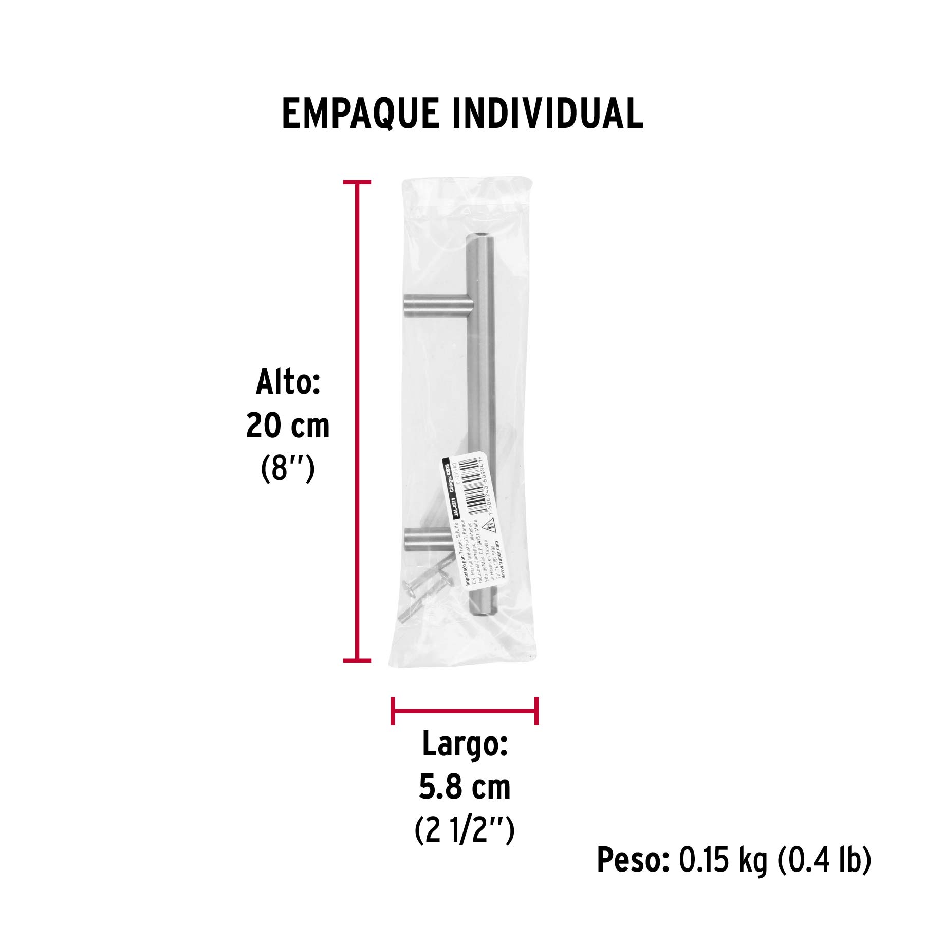 Jaladera de acero, 96mm, línea Cilindro, níquel, HERMEX - Empaque