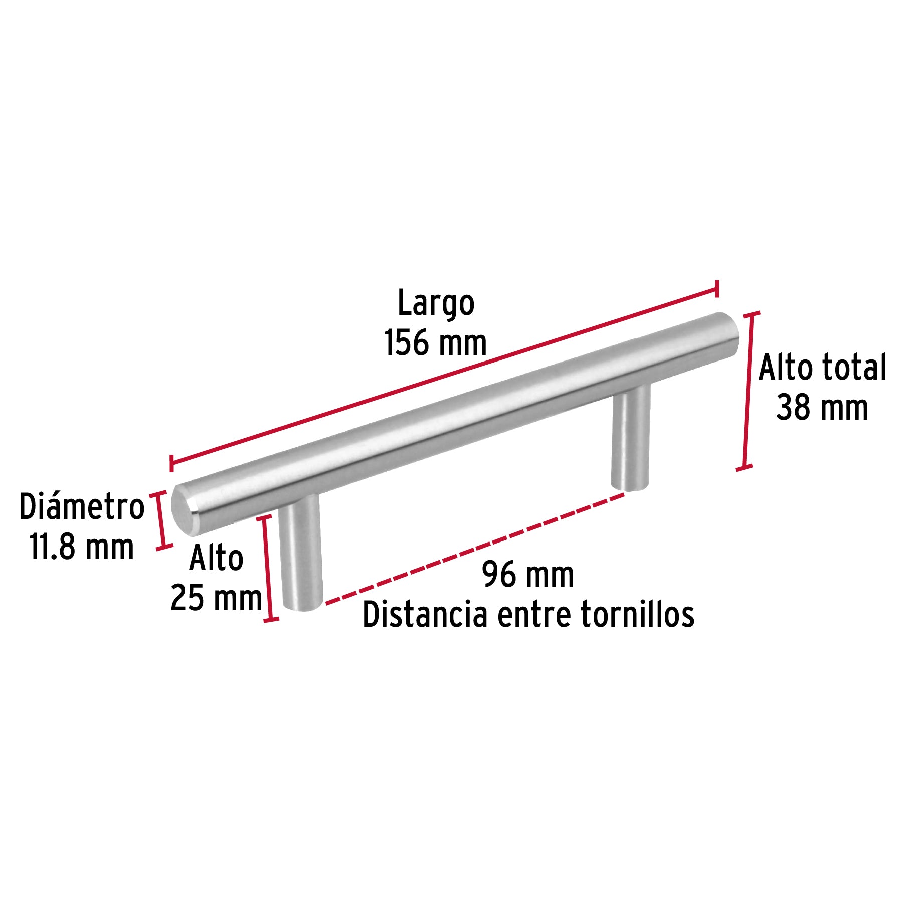 Jaladera de acero, 96mm, línea Cilindro, níquel, HERMEX