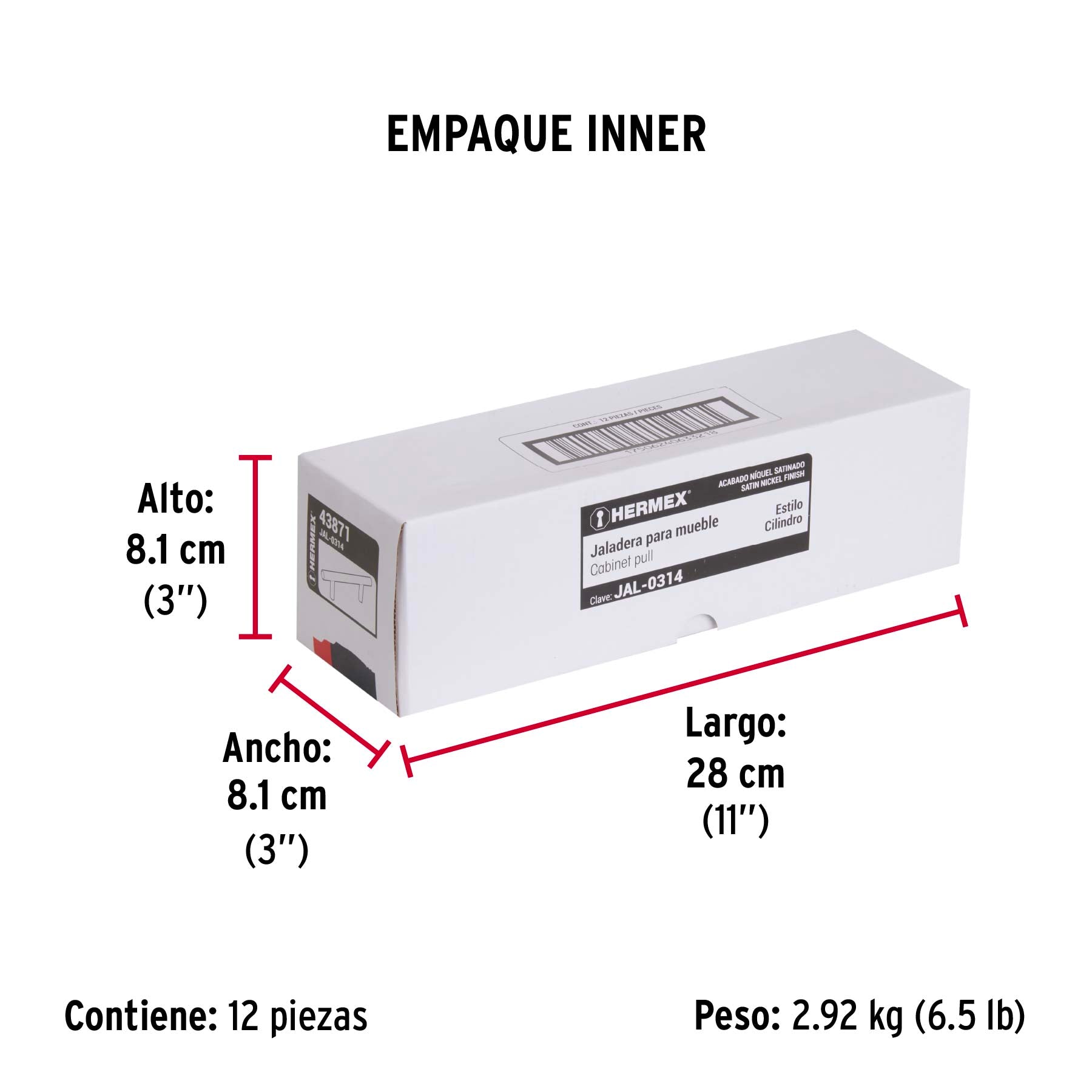 Jaladera de acero, 192mm, línea Cilindro, níquel, HERMEX - Empaque