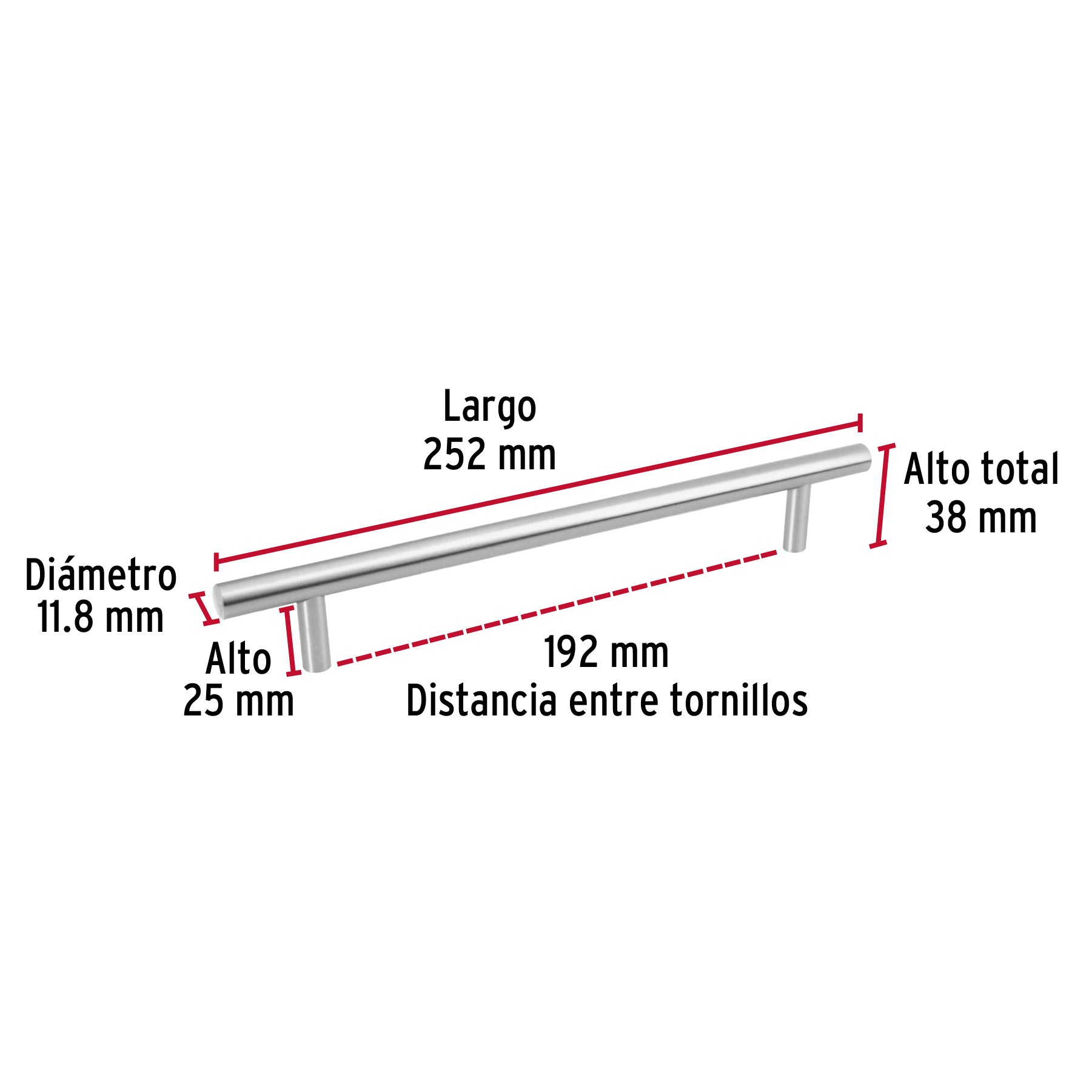 Jaladera de acero, 192mm, línea Cilindro, níquel, HERMEX