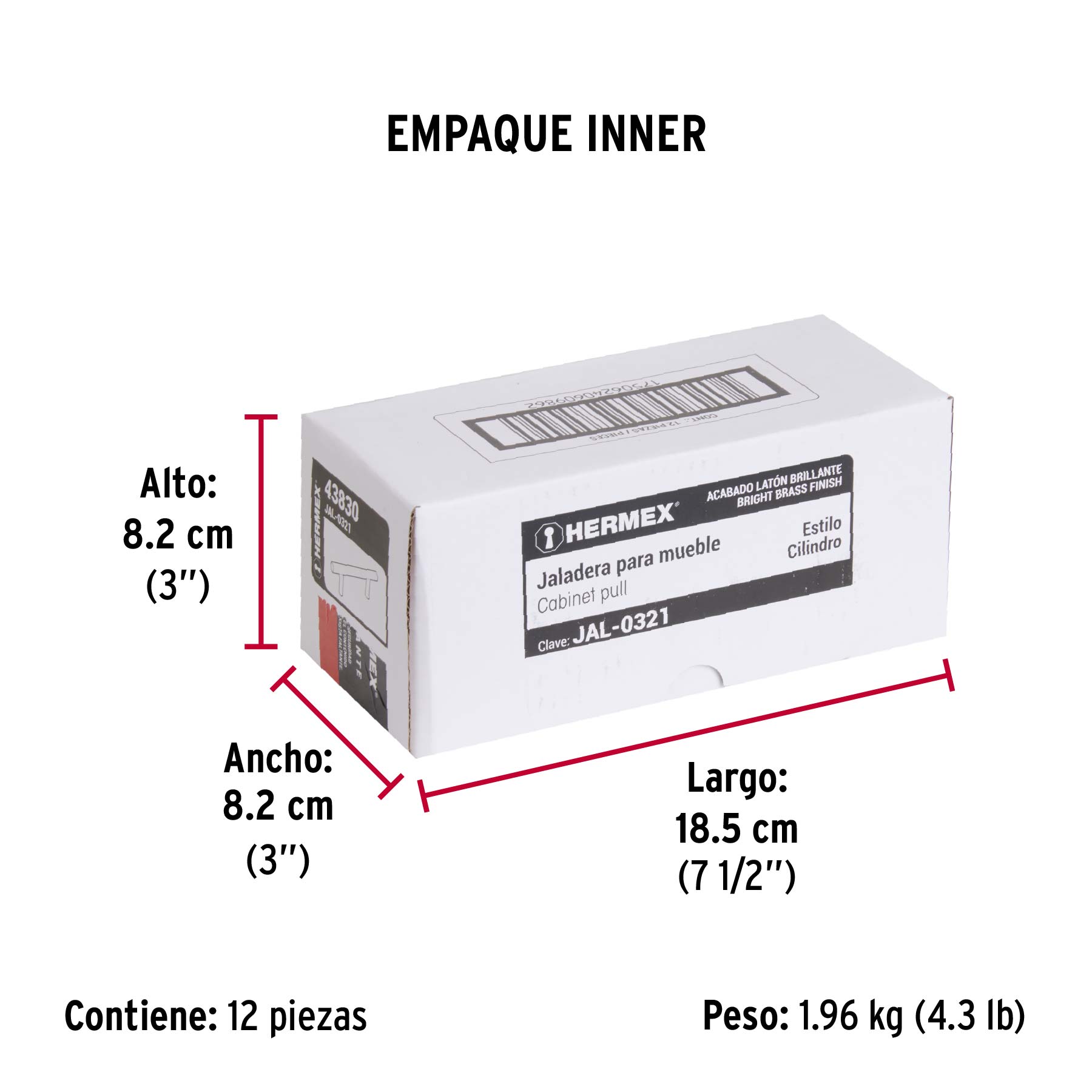 Jaladera de acero, 96mm, línea Cilindro, latón brillante - Empaque