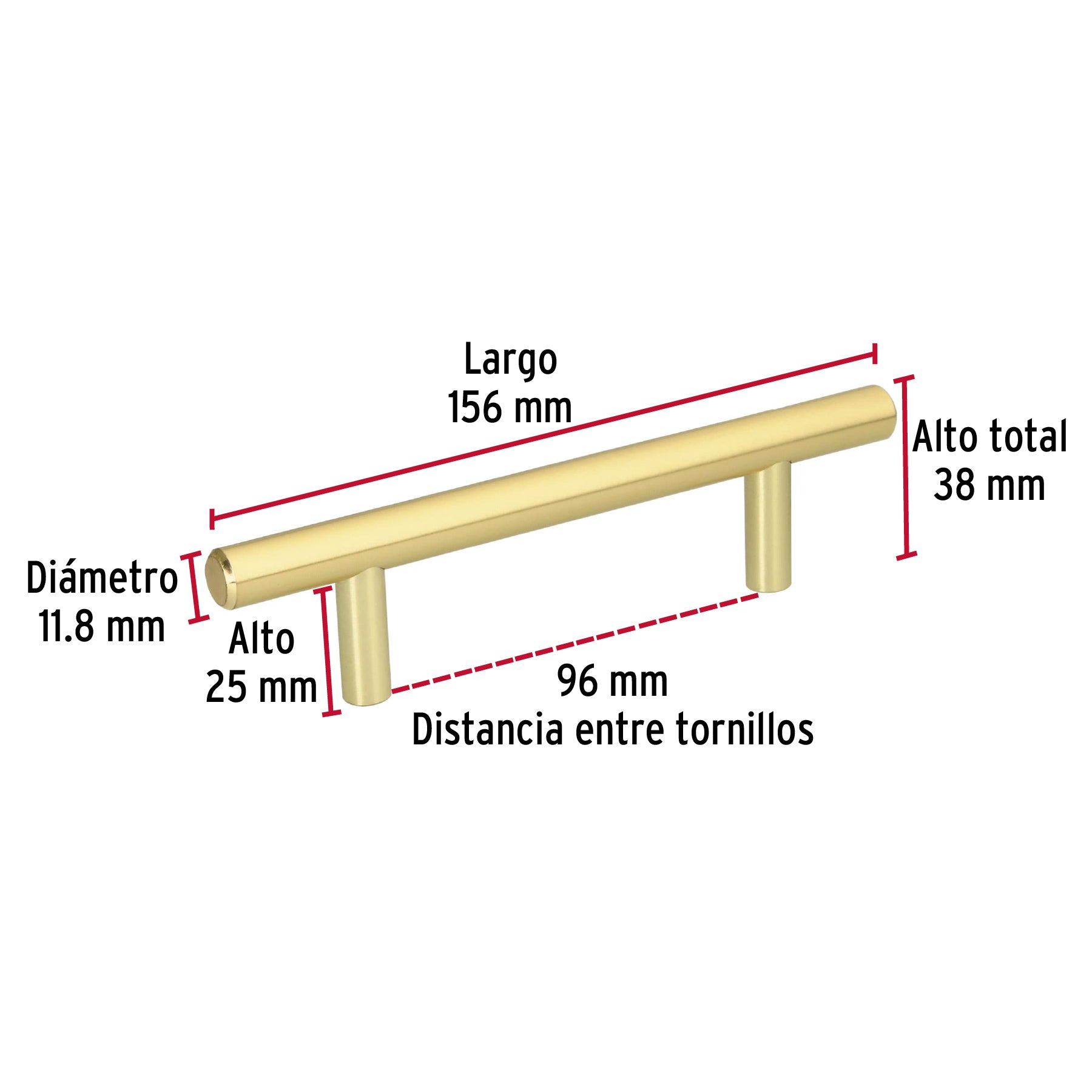 Jaladera de acero, 96mm, línea Cilindro, latón brillante